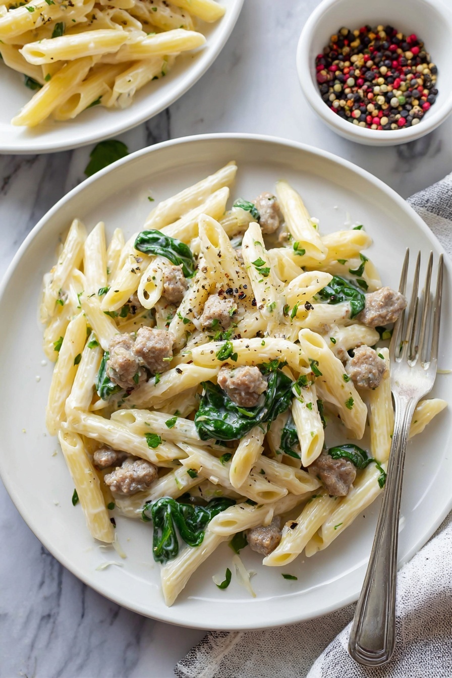 Creamy Sausage Pasta - A large silver pan filled with creamy pasta made of light yellow penne noodles mixed evenly with small pieces of cooked ground meat and green spinach leaves, all coated in a smooth cream sauce. The dish is sprinkled with small green herb bits and cracks of black pepper. A wooden spoon rests on the pasta, and the pan sits on a white marbled surface next to a striped cloth and a small white bowl with colored peppercorns. Photo taken with an iphone --ar 2:3 --v 7