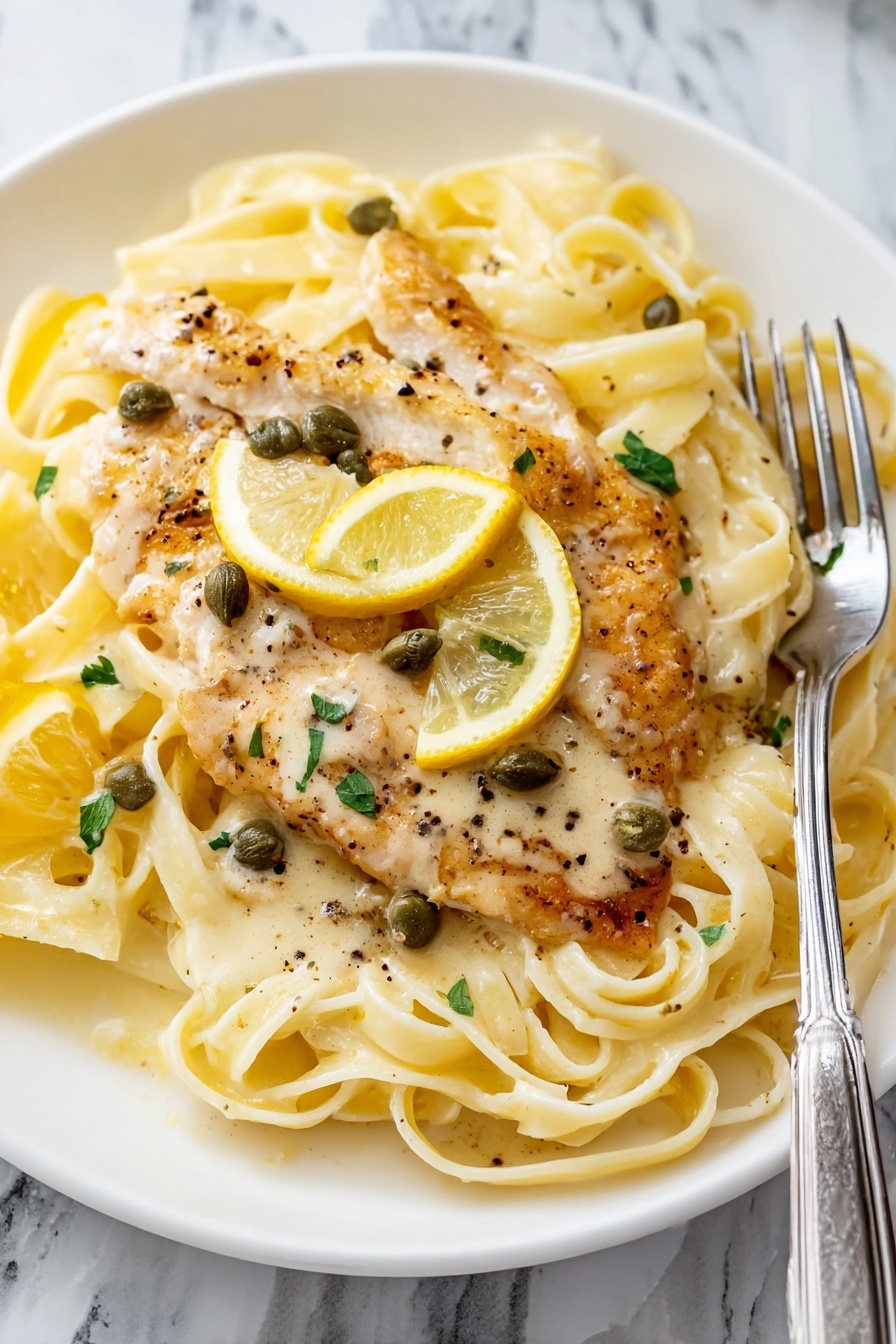 lemon chicken - A white plate holds a serving of creamy fettuccine pasta with a smooth, pale yellow sauce coating the noodles. On top of the pasta lies a golden-brown cooked chicken cutlet covered in the same creamy sauce. The sauce is dotted with small green capers and specks of black pepper, adding texture. Two slices of lemon, one whole round and one wedge, rest on the chicken, providing a bright yellow contrast. Fresh green parsley is sprinkled on top, enhancing the presentation. A fork is placed on the right side of the plate, partially resting on the pasta. The dish sits on a white marbled surface. photo taken with an iphone --ar 2:3 --v 7
