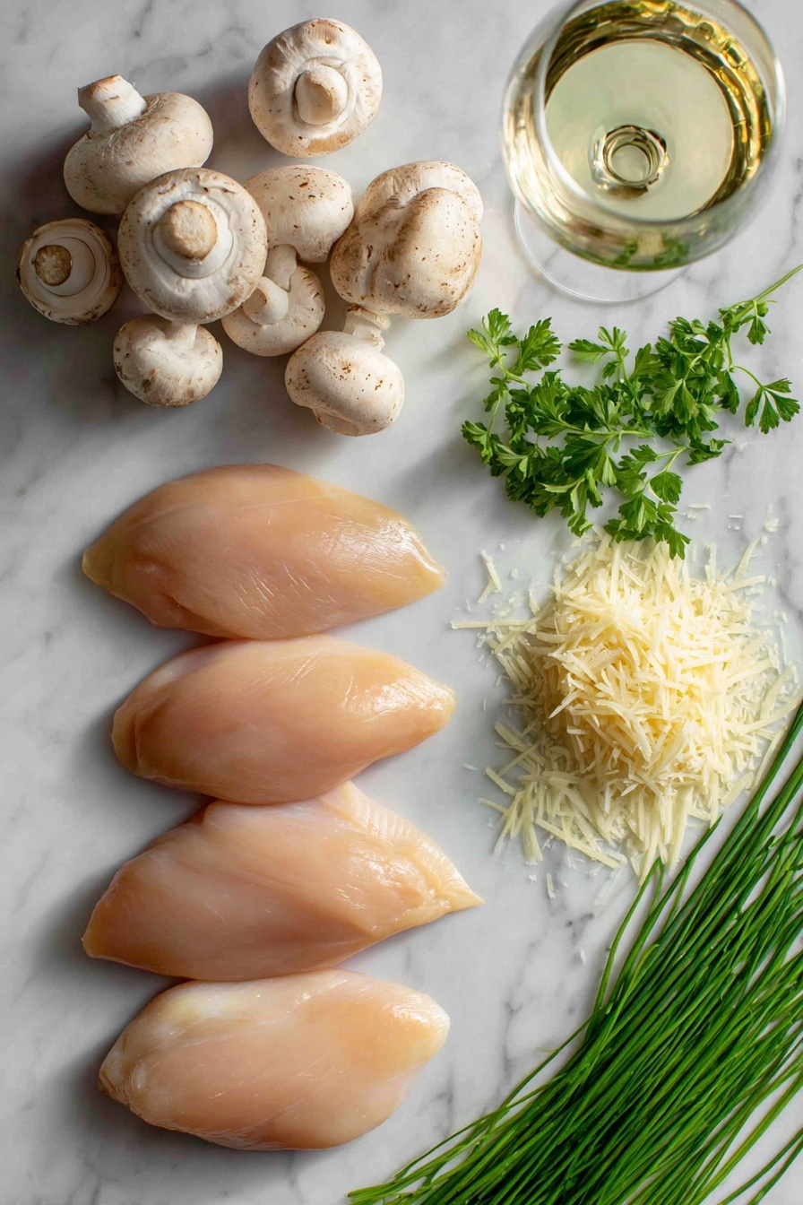 Creamy Mushroom Chicken - Flat lay of four plump, raw boneless skinless chicken breasts with a pale pink hue next to a cluster of fresh white button mushrooms with smooth caps, bright green sprigs of parsley and slender chives adding vibrant contrast, three garlic cloves with papery white skins slightly cracked open, a small pile of finely grated Parmesan cheese showing soft, pale yellow shreds, a wedge of lemon with bright yellow rind and juicy interior, and a few glossy green olive oil olives scattered gently, all arranged naturally with soft shadows and textures visible, placed on white marbled surface, photo taken with an iphone --ar 2:3 --v 7