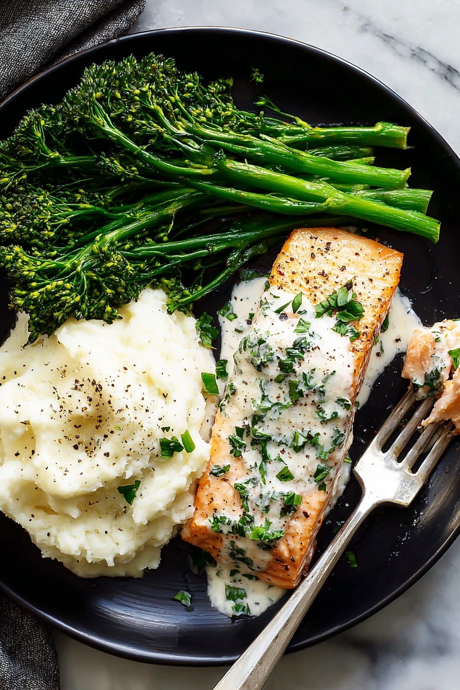 Creamy Garlic Salmon - A close-up view of two cooked salmon fillets with a crispy golden-brown surface, lying flat in a white creamy sauce inside a pan. The sauce is being poured over the fillet from a spoon above, showing a smooth, thick texture with green herbs scattered throughout. Small chopped green parsley leaves and black pepper bits are sprinkled over the salmon and the sauce, adding color contrast. The background shows the dark edge of the pan, and the base beneath the pan is a white marbled texture. Photo taken with an iphone --ar 2:3 --v 7