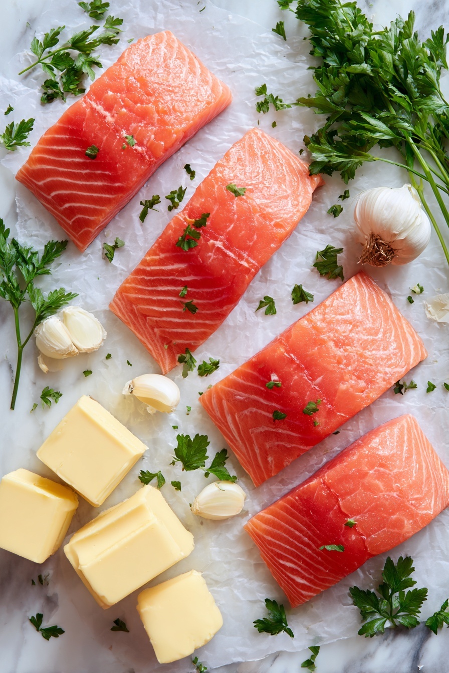 Creamy Garlic Salmon - Flat lay of fresh pink salmon fillets with their smooth, slightly shiny surface, scattered bright green chopped parsley leaves, whole garlic cloves with their papery white skins and creamy texture, rich golden butter blocks melting slightly at the edges, wedges of lemon with juicy yellow pulp and shiny rinds, a small pile of grated Parmesan cheese with its fine, crumbly texture, and a few sprigs of fresh thyme with tiny green leaves, all beautifully arranged with natural spacing and gentle overlapping, placed on white marbled surface, photo taken with an iphone --ar 2:3 --v 7