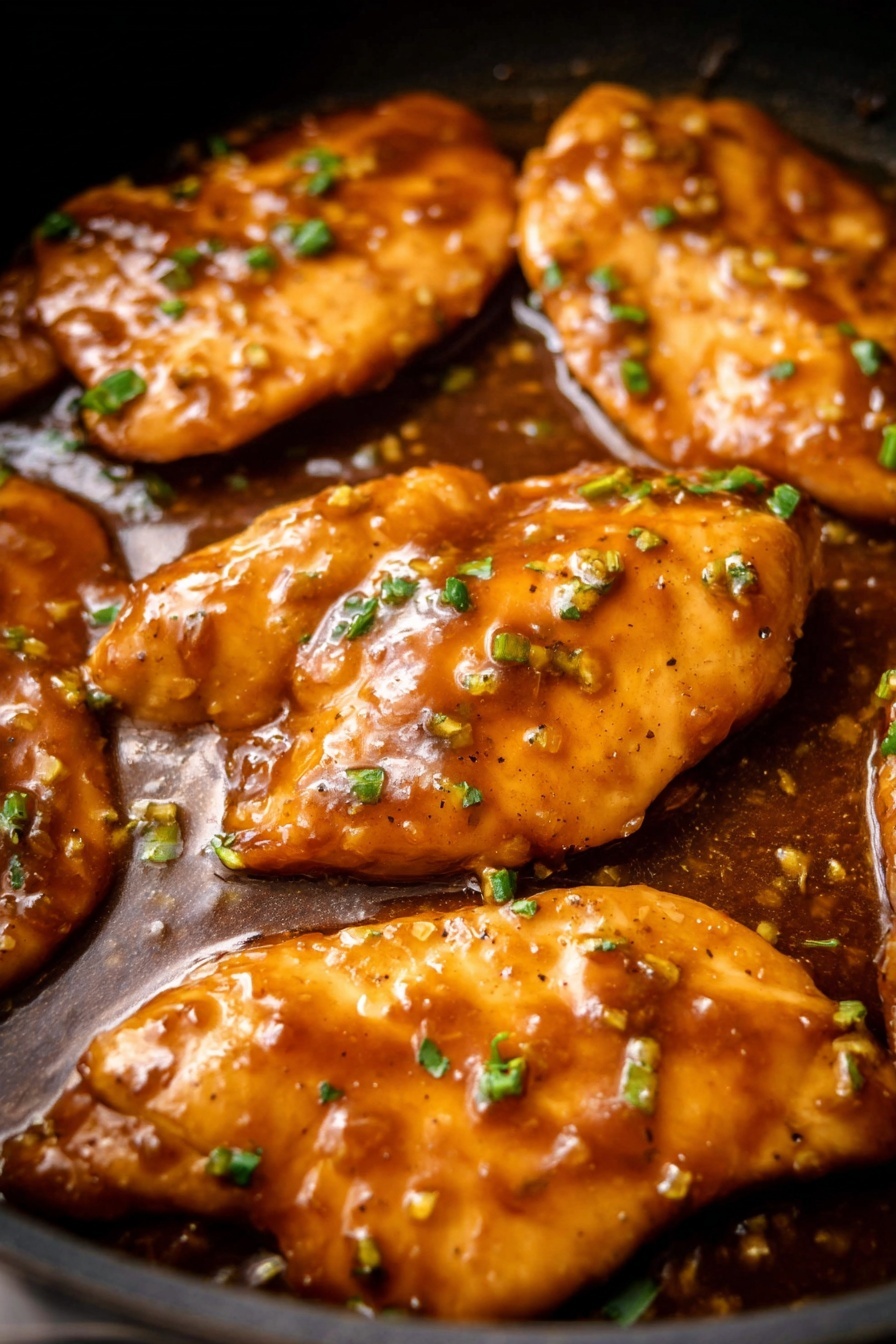 Honey Garlic Chicken - The dish shows one thick layer of light golden brown cooked chicken with a shiny, dark brown sauce on top, garnished with thin slices of green onion. The chicken sits on a bed of white rice, which is mixed with bits of the same sauce giving some parts a light brown tint. On the side, there is a small bunch of bright green, fresh green beans. Everything is arranged on a white plate over a white marbled surface, with a silver fork visible at the edge. Photo taken with an iphone --ar 2:3 --v 7