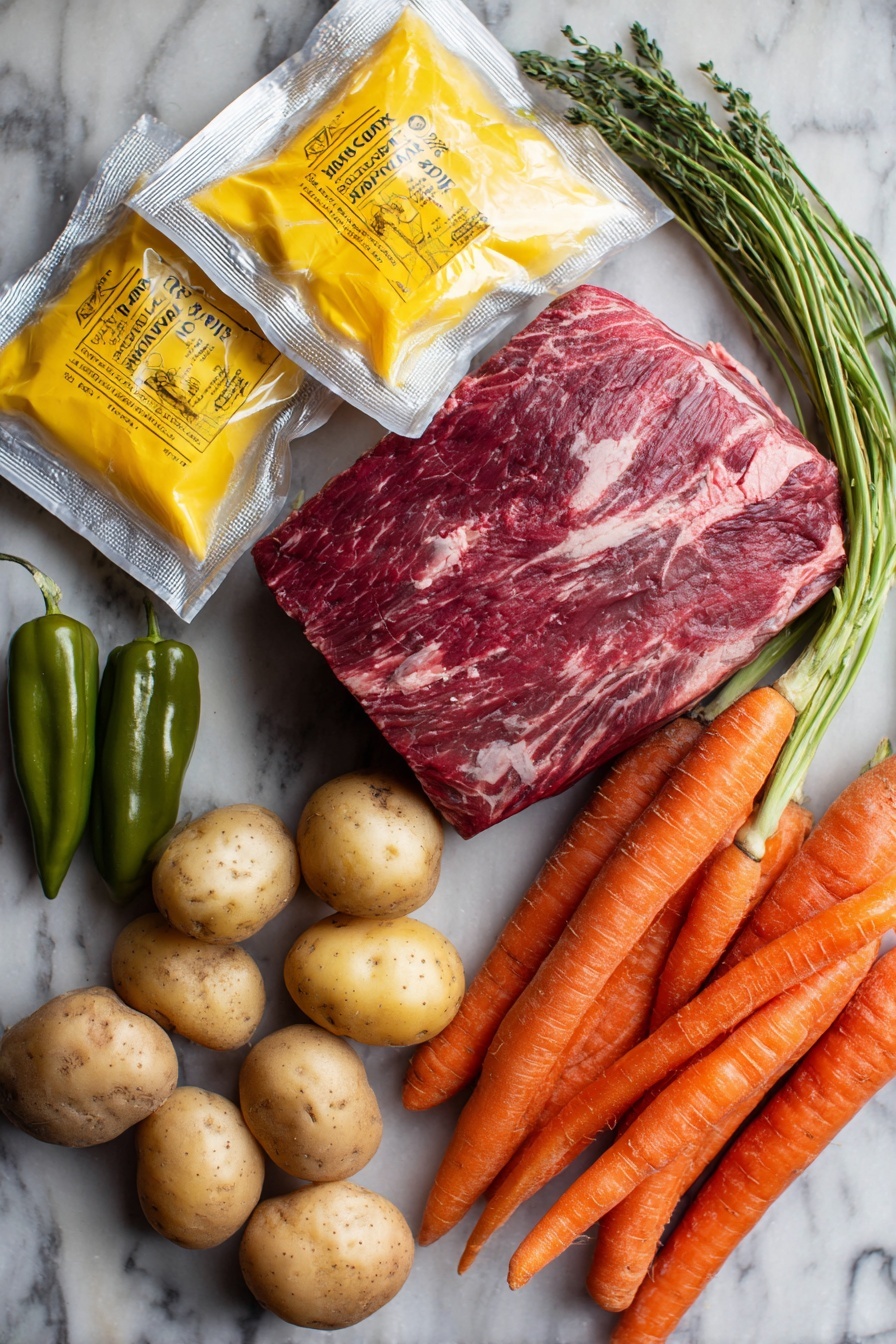 Mississippi Pot Roast - Flat lay of a large raw chuck roast with rich marbling, bright green pepperoncini peppers scattered around, a small mound of creamy butter cubes, vibrant orange baby carrots, smooth light brown baby potatoes, and two small packets of golden ranch dressing mix and darker au jus gravy mix, all arranged naturally with fresh textures and colors contrasting beautifully, placed on white marbled surface, photo taken with an iphone --ar 2:3 --v 7