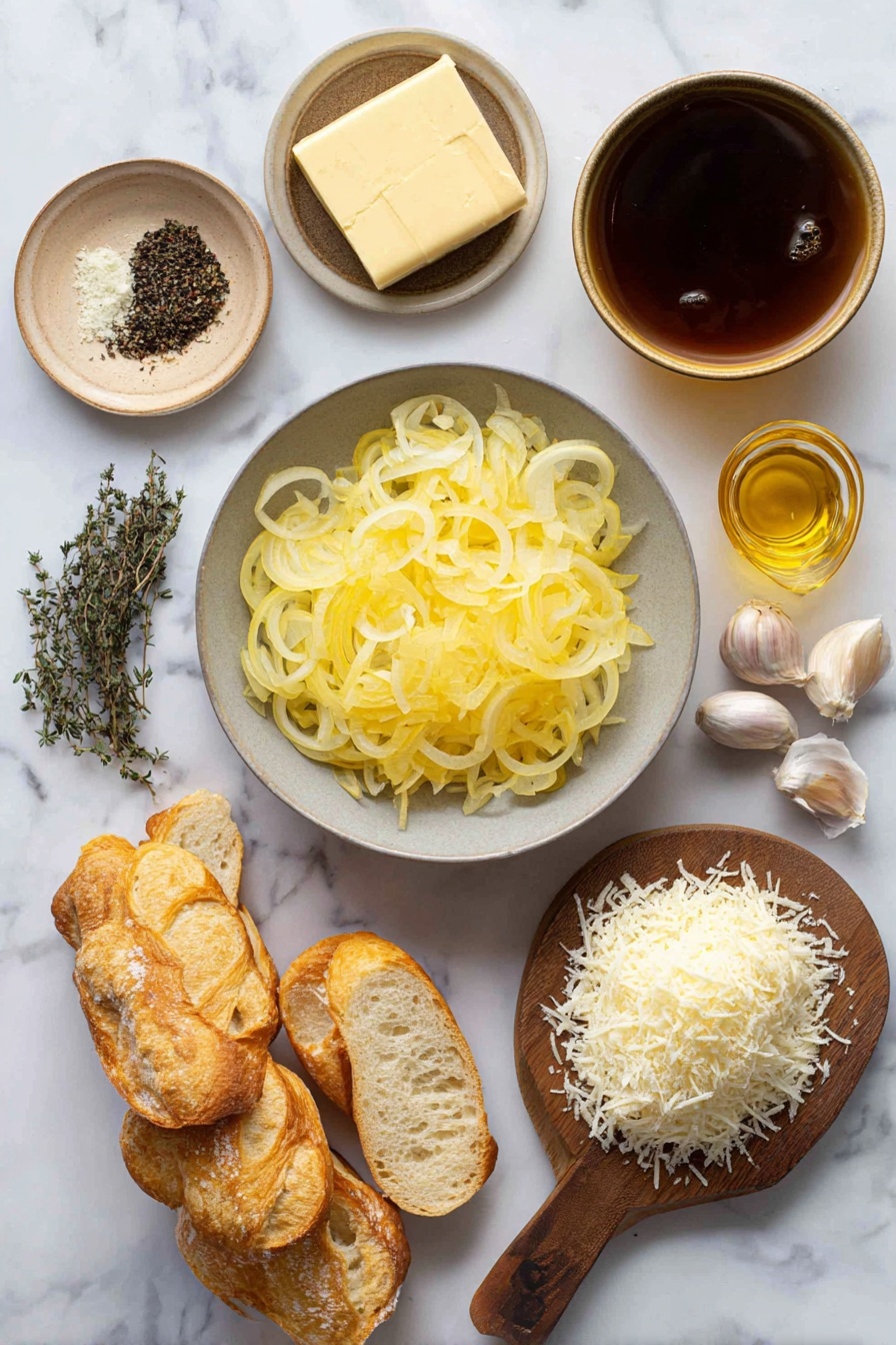 Flat lay of a medium pile of thinly sliced yellow onions, a small pool of golden olive oil in a shallow dish, a few pats of soft butter on a wooden board, a small bowl with minced garlic, a large bowl filled with rich dark beef broth, a small glass with amber dry sherry, a tiny heap of dried thyme, scattered coarse salt and black peppercorns, several slices of crusty French baguette brushed with olive oil, thin slices of Gruyère cheese, and a small mound of grated Parmesan cheese placed on a white marble surface, photo taken with an iphone --ar 2:3 --v 7