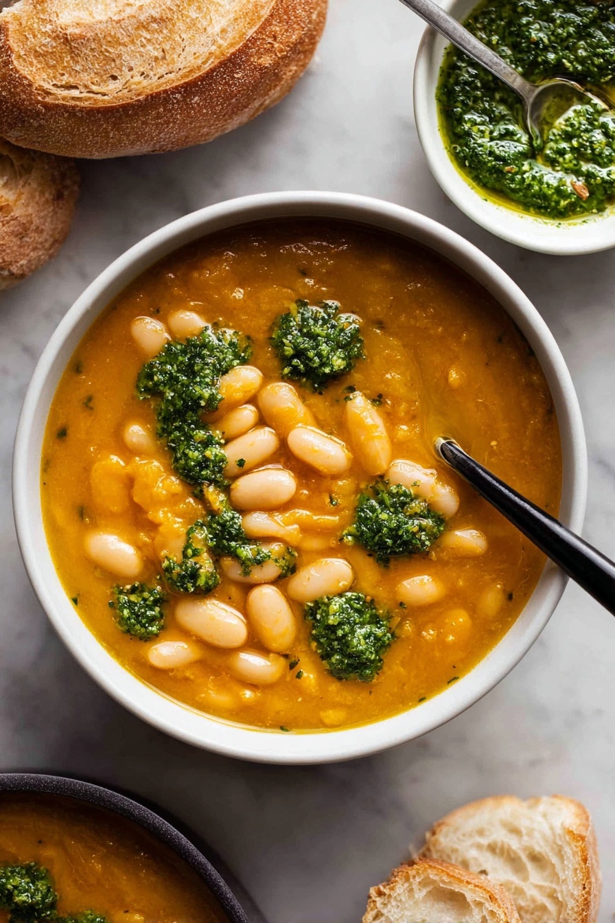 A close-up view of a warm stew in a white pot on a white marbled surface shows thick orange sauce with white beans and small bright green herb sauce dollops scattered on top. A wooden spoon is partially submerged in the stew and stirring it, showing the smooth shiny texture of the orange sauce mixed with the creamy beans and fresh green herbs. The pot's edge is just visible, and the photo focuses on the rich colors and cozy feel of the dish. Photo taken with an iphone --ar 2:3 --v 7