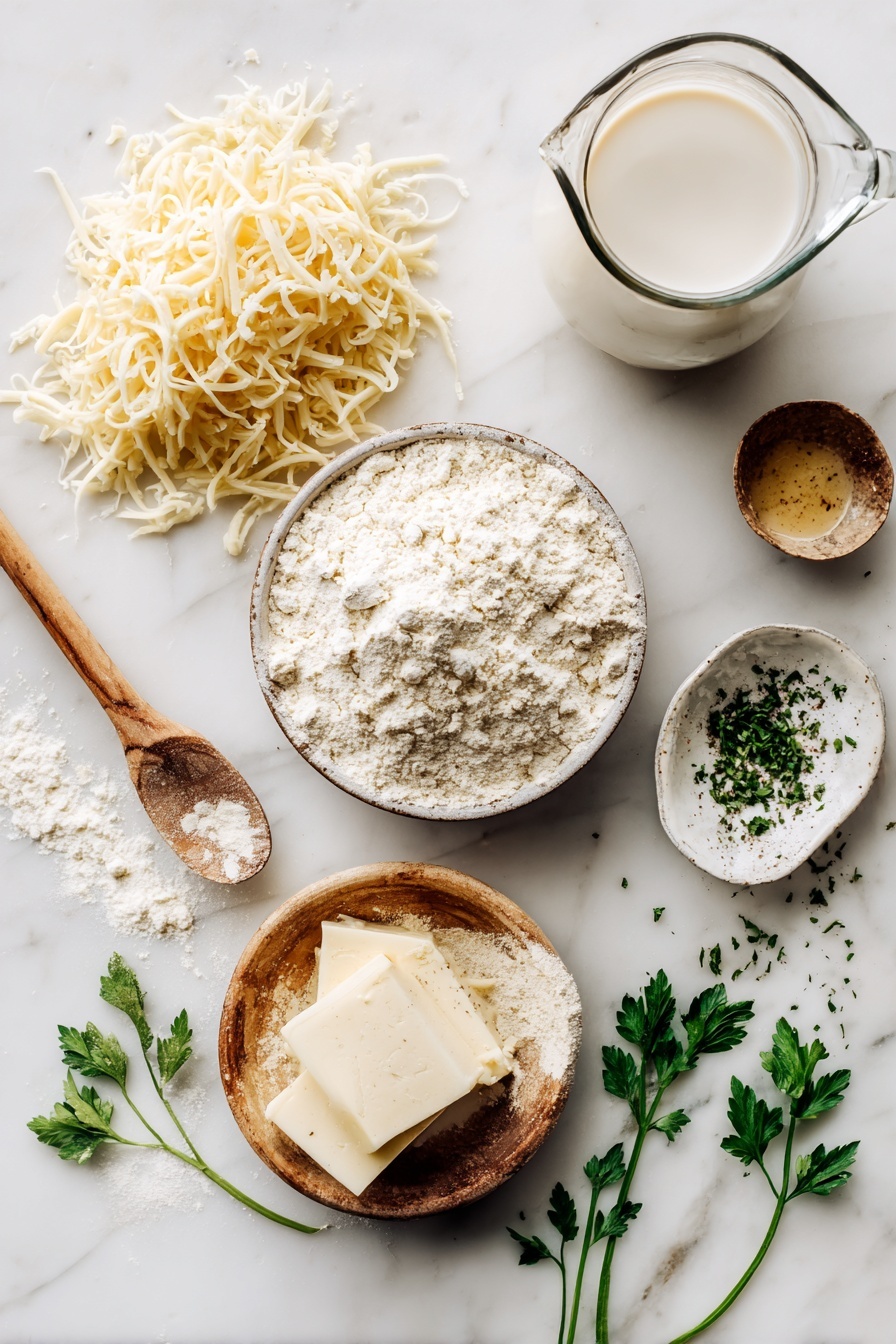 Flat lay of shredded vegan cheddar cheese, a small glass jug of unsweetened soy milk with apple cider vinegar mixed in, a heap of all-purpose flour, a wooden spoonful of garlic powder, melted vegan butter in a small pool, a sprinkle of chopped fresh parsley, and a small pile of baking powder arranged beautifully and naturally placed on a white marble surface, photo taken with an iphone --ar 2:3 --v 7