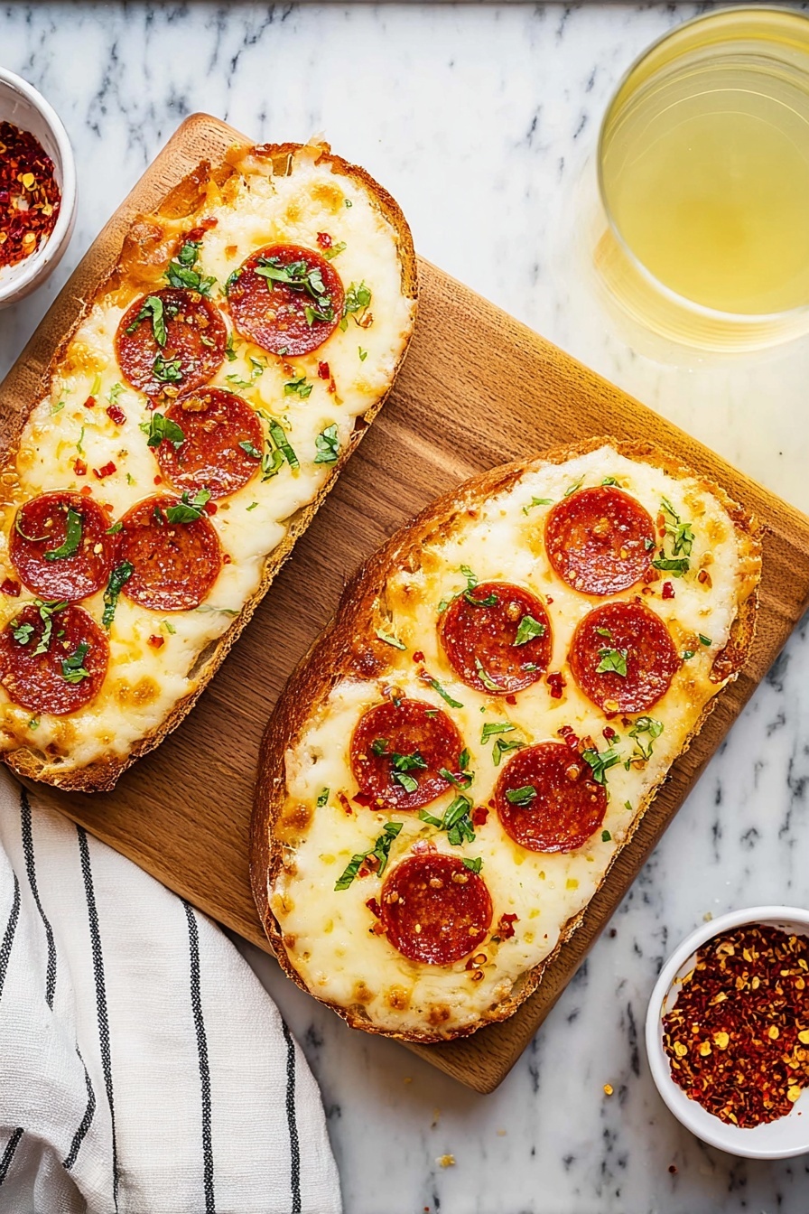 The image shows two pieces of bread topped with melted cheese that looks creamy and slightly browned on the edges. On top of the cheese, there are six round slices of pepperoni on each piece, sprinkled with red chili flakes and small bits of green herbs. The bread is placed on a wooden board with a clear glass of a light yellow drink on the right side and a small white bowl with red pepper flakes near a white cloth with black lines, all set on a white marbled surface. Photo taken with an iphone --ar 2:3 --v 7