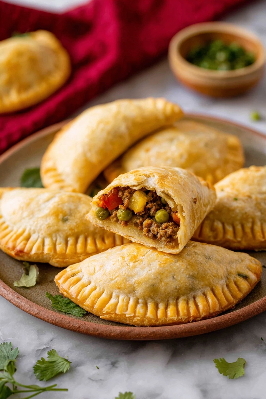 The image shows a plate piled with six golden-brown hand pies. Each hand pie has a folded, slightly flaky crust with a crimped edge that looks crisp and lightly browned. One hand pie is broken in half at the top center, revealing a filling made of ground meat, green peas, small bright orange cubes, and bits of red pepper. The pies are placed on a textured white marbled surface, and some green herbs are scattered around the plate, which is white. In the background, there is a wooden bowl with greens and a rust-colored cloth. Photo taken with an iphone --ar 2:3 --v 7