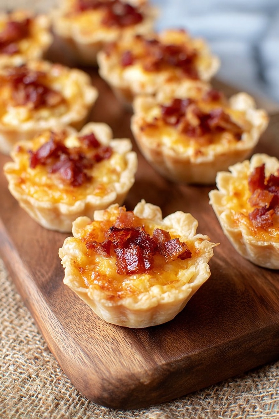 The image shows several small tartlets placed in rows on a wooden serving board. Each tartlet has a golden-brown, flaky pastry shell forming the base layer, which is crimped around the edges. Inside the shell, there is a thick layer of melted yellow-orange cheese mixed with small pieces of red and green vegetables. On top, a few bits of crispy brown-red bacon pieces are scattered, adding texture and color contrast. The scene is set against a white marbled background, highlighting the warm tones of the tartlets. photo taken with an iphone --ar 2:3 --v 7