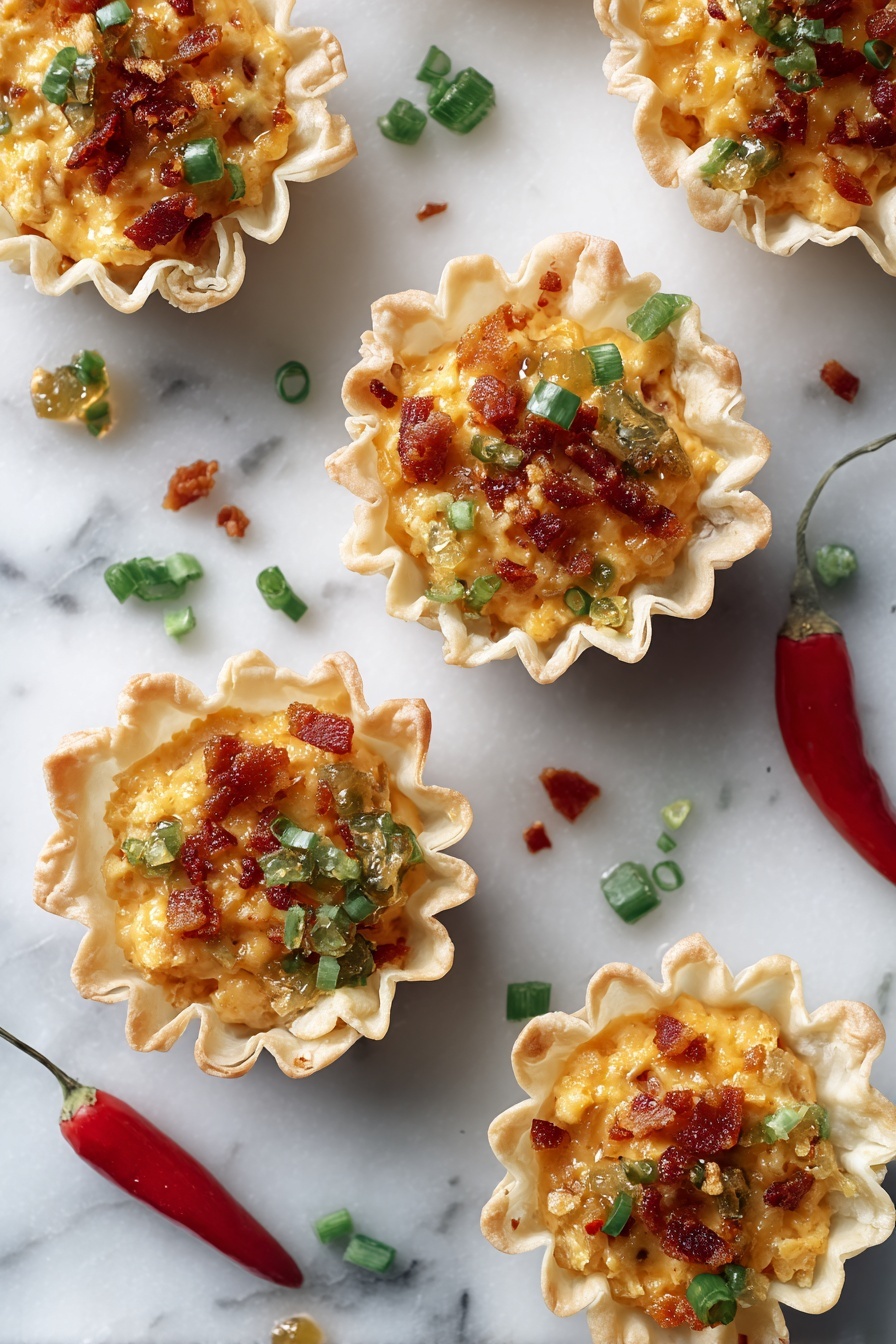 Flat lay of crisp mini fillo shells, creamy orange pimento cheese, golden crispy bacon pieces, and glossy mild green pepper jelly, all beautifully arranged with scattered small green pepper bits and some whole red pimentos for color contrast, placed on a white marble surface, photo taken with an iphone --ar 2:3 --v 7