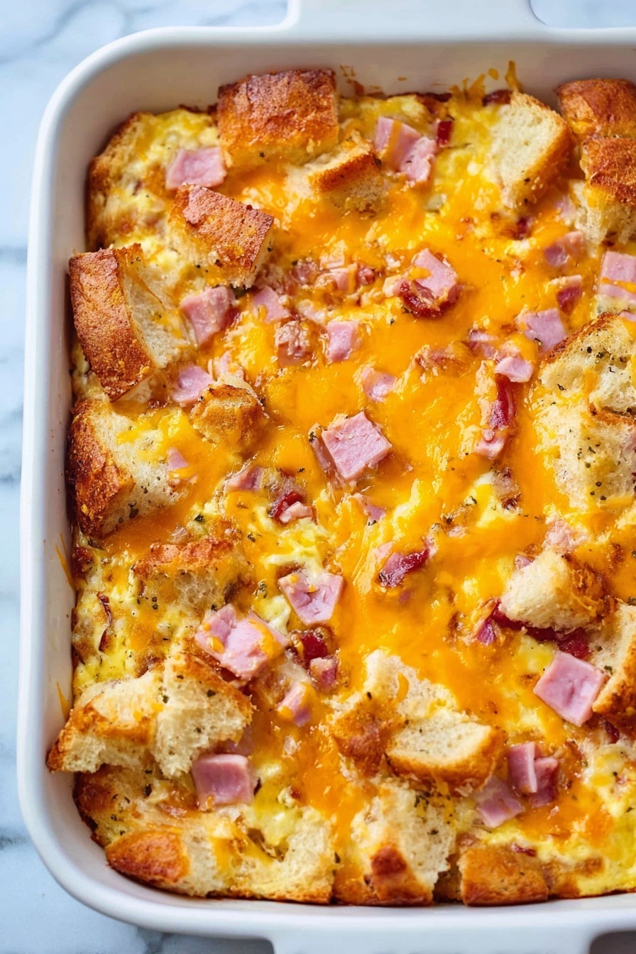 The dish is in a white ceramic baking pan with handles, filled with a layered casserole. The bottom layers show soft, golden-yellow baked custard soaking cubes of light brown toasted bread. Scattered evenly on top are small pieces of pink ham mixed in with a generous layer of melted bright orange cheddar cheese that has a slightly browned, bubbly texture in some spots. The edges of the bread pieces are crisp and golden, contrasting with the creamy middle. The background is a white marbled surface. Photo taken with an iphone --ar 2:3 --v 7