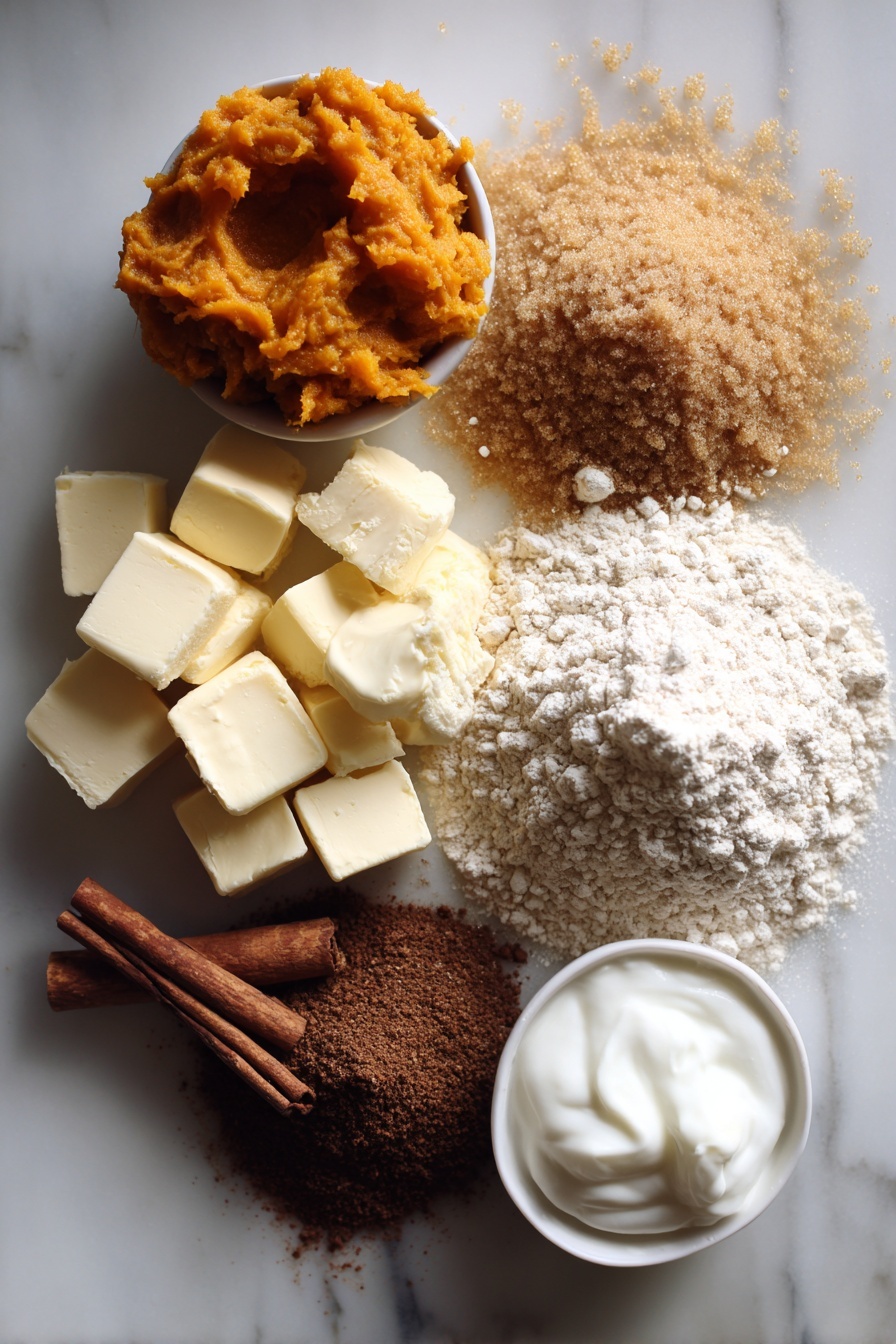 Flat lay of rich orange pumpkin puree, warm golden light brown sugar, creamy white Greek yogurt, soft cubes of pale butter, a heap of fine all-purpose flour, vibrant ground cinnamon, deep brown nutmeg, and earthy ground ginger, all beautifully arranged on a white marble surface, photo taken with an iphone --ar 2:3 --v 7