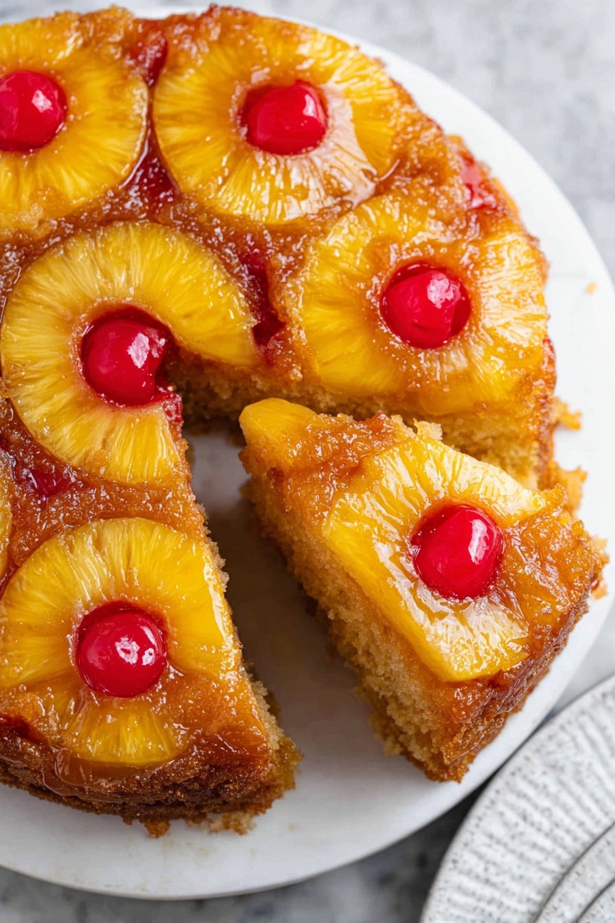 The image shows a pineapple upside-down cake with a golden brown base layer. On top, there are five bright yellow pineapple rings arranged evenly, each with a shiny red cherry in the center. The pineapple rings have a glistening, caramelized texture, and the cherries are glossy and smooth. One slice of the cake is slightly lifted with a white platter showing beneath. The background surface is a white marbled texture. Photo taken with an iphone --ar 2:3 --v 7