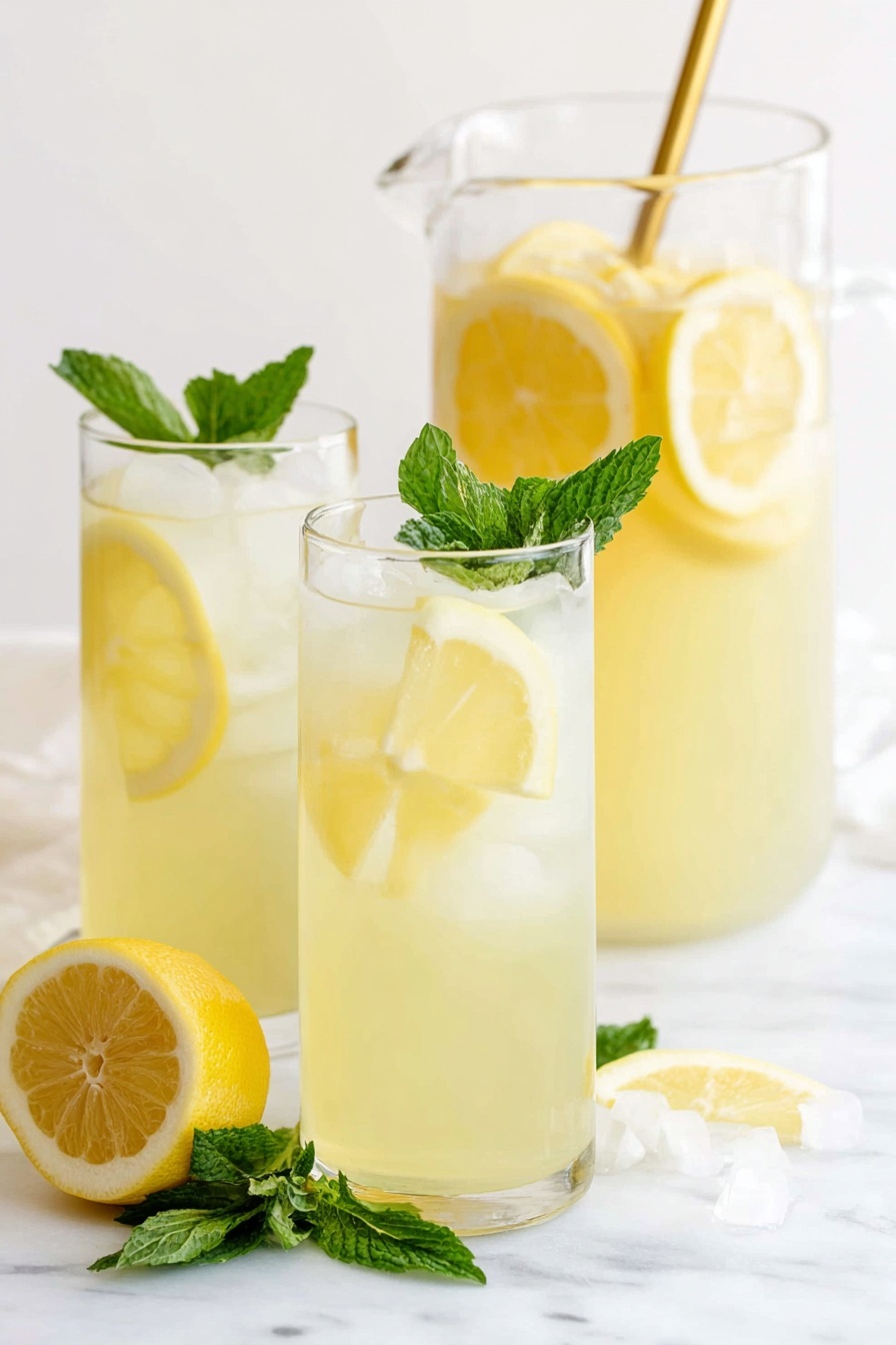 The image shows a tall clear glass and two similar glasses behind it filled with pale yellow lemonade and ice cubes, each glass contains a slice of lemon and a sprig of green mint on top. Behind the glasses, there is a clear pitcher filled with lemonade and lemon slices, with a gold straw sticking out of it. On the white marbled surface in front of the drinks, there is a half lemon and some fresh mint leaves scattered around. The background is clean white, making the colors of the lemonade and mint stand out brightly. Photo taken with an iphone --ar 2:3 --v 7