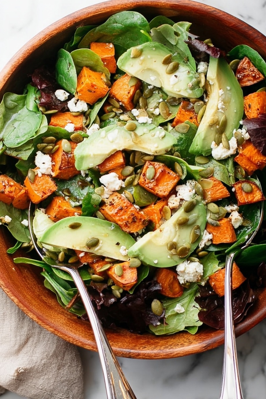 A wooden bowl filled with a fresh salad shows several layers: the bottom layer is bright green spinach and mixed leafy greens, topped with bright orange roasted sweet potato chunks scattered around evenly, and soft pale green avocado slices placed on top. White crumbly cheese is sprinkled over the salad, along with small pumpkin seeds adding texture. A light creamy dressing is drizzled thinly over the entire salad. Two silver spoons rest on the edge of the bowl. The bowl sits on a white marbled surface with a piece of blue cloth nearby. Photo taken with an iphone --ar 2:3 --v 7