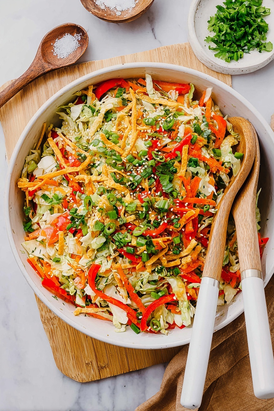A large white bowl filled with a colorful salad consisting of shredded white cabbage as the base layer, topped with thin orange carrot sticks and bright red bell pepper slices scattered throughout. Light yellow thin strips, possibly fried wonton or crispy noodles, are mixed in with the vegetables. The salad is garnished generously with chopped green onions and fresh green cilantro leaves, adding vibrant green touches on top. Two wooden salad utensils with white handles rest inside the bowl on the right side. The bowl is placed on a light wooden board, with a small white plate of chopped cilantro in the top right corner and a wooden spoon with coarse salt visible toward the top left. The setting rests on a white marbled surface. Photo taken with an iphone --ar 2:3 --v 7