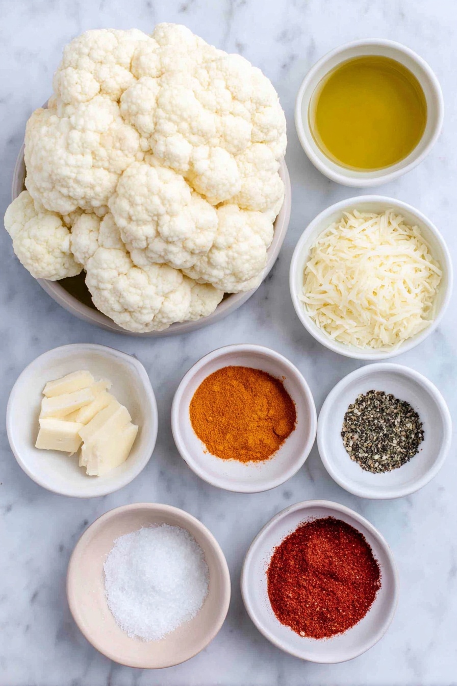 Flat lay of a medium head of fresh cauliflower broken into florets, a small white bowl filled with golden olive oil, a small white bowl containing bright orange turmeric powder, a small white bowl with deep red smoked paprika powder, a small white bowl holding pale beige garlic powder, a small white bowl of finely grated pale yellow parmesan cheese, a small white bowl with coarse black pepper, a small white bowl of fine white salt, all arranged in perfect symmetry on a clean white marble surface, soft natural light, photo taken with an iPhone, professional food photography style, fresh ingredients, white ceramic bowls, no bottles, no duplicates, no utensils, no packaging --ar 2:3 --v 7 --p awthu7i m7354615311229779997