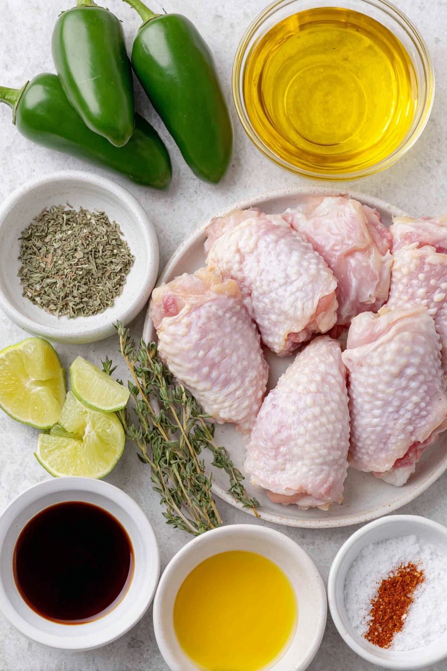 Flat lay of two whole jalapeno peppers with tops cut off, a small white bowl of clear rice vinegar, a small white bowl of golden olive oil, a small white bowl of dark soy sauce, a small white bowl with fresh lime half and a few lime wedges, a small white bowl of amber honey, a small white bowl of dried thyme leaves, a small white bowl of coarse salt, a small white bowl of garlic powder, a small white bowl of ground allspice, and a cluster of raw bone-in, skin-on chicken thighs and drumsticks arranged symmetrically on a clean white ceramic platter, placed on a clean white marble surface, soft natural light, photo taken with an iPhone, professional food photography style, fresh ingredients, white ceramic bowls, no bottles, no duplicates, no utensils, no packaging --ar 2:3 --v 7 --p awthu7i m7354615311229779997