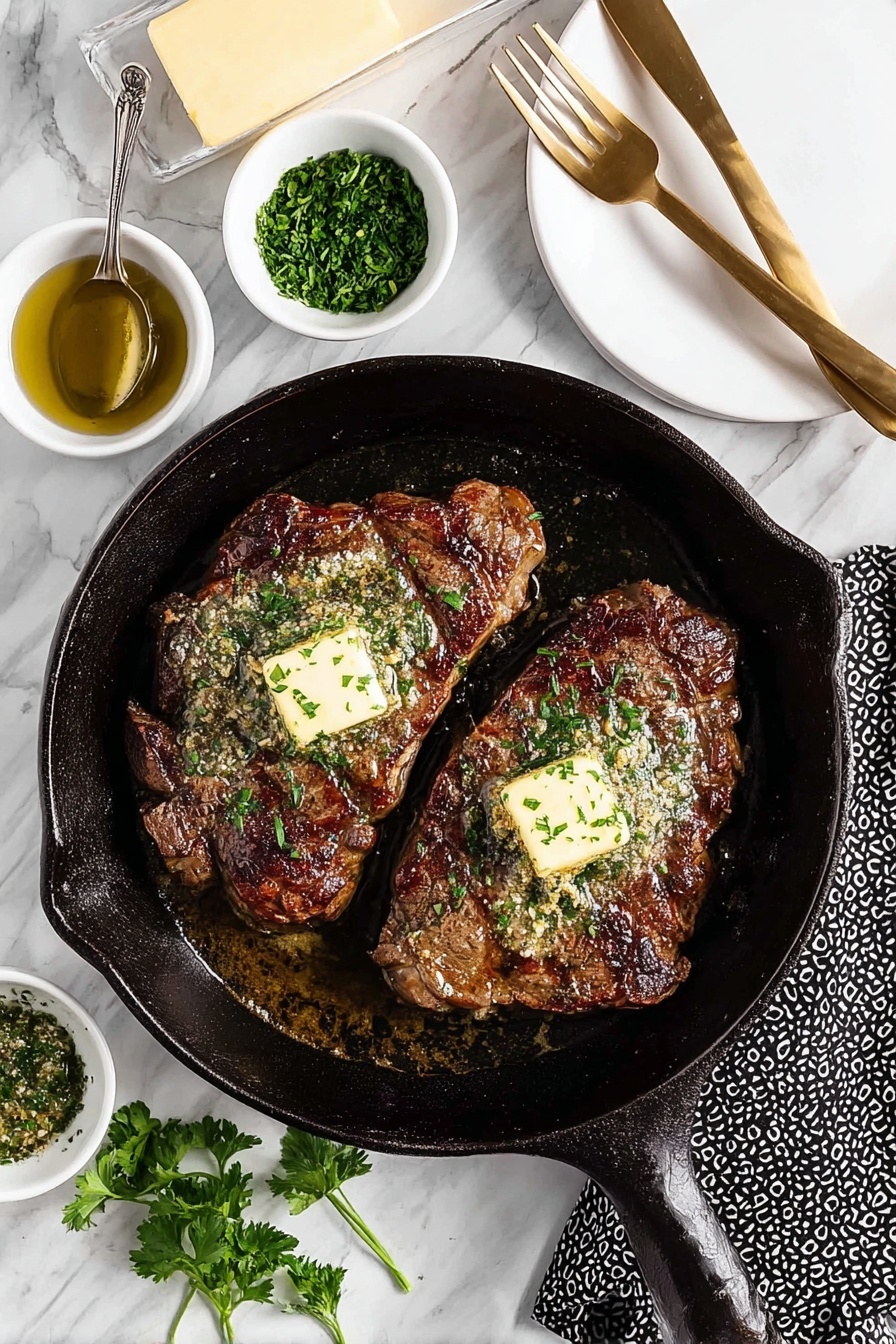 Two cooked brown steaks with grilled texture sit in a black cast iron skillet, each topped with a small square of melting butter and sprinkled with green herbs. The skillet rests on a white marbled surface, surrounded by small white bowls containing chopped green herbs, a greenish herb sauce, and a stick of pale yellow butter. Nearby, a white plate holds two gold forks and a knife. A black and white patterned cloth is visible near the skillet handle. Photo taken with an iphone --ar 2:3 --v 7