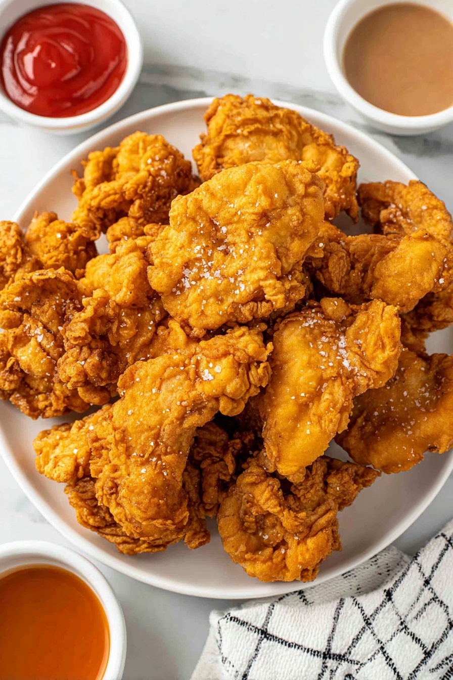A white plate with a pile of crispy fried chicken pieces showing a golden brown crunchy texture, some pieces sprinkled lightly with coarse salt. The chicken pieces vary in size and shape, layered on top of each other filling the plate. Around the plate on a white marbled surface, there are two small white bowls with dipping sauces, one bright red and the other light brown. A folded white cloth with a black grid pattern is seen on the side. photo taken with an iphone --ar 2:3 --v 7
