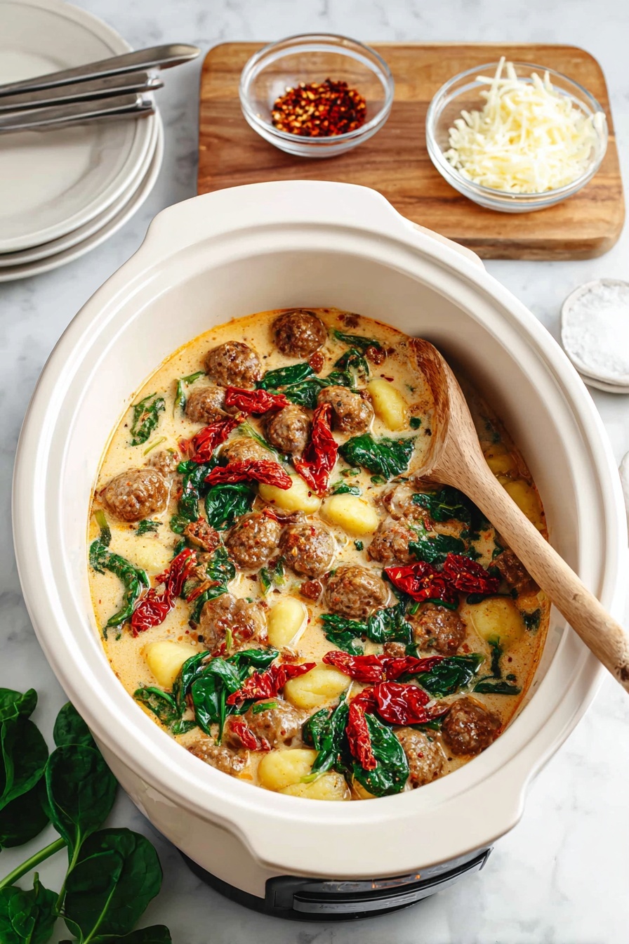 A white oval slow cooker filled with a creamy dish showing three layers: a light orange creamy sauce base, browned round meatballs scattered throughout, and yellow gnocchi mixed in. Bright green spinach leaves and bright red sun-dried tomatoes are spread evenly on top, adding bursts of color. A wooden spoon rests on the right side inside the cooker, slightly stirring the dish. The slow cooker is set on a white marbled surface with a wooden board in the background holding two small clear bowls, one with grated cheese and one with fresh spinach leaves. A small white bowl with red pepper flakes sits near a white plate holding metal forks in the upper left corner. Photo taken with an iphone --ar 2:3 --v 7