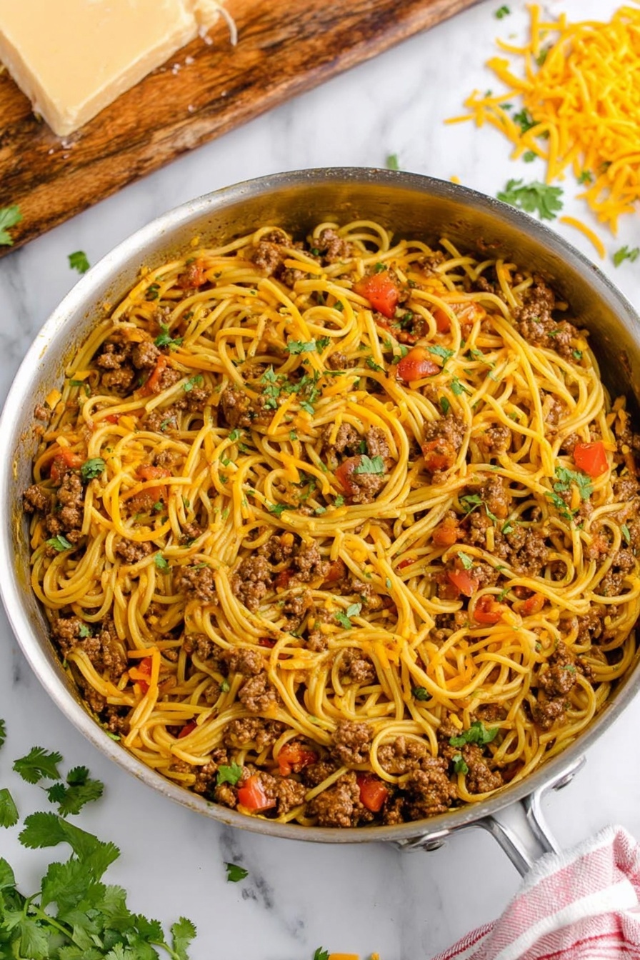 The image shows a large silver pan filled with cooked spaghetti mixed with browned ground meat, small chunks of red tomatoes, and melted orange-yellow cheese spread evenly throughout. Green cilantro leaves are scattered on top, adding a fresh touch. The pan sits on a white marbled surface with some shredded cheese and sprigs of cilantro nearby. A wooden board with a block of cheese and more shredded cheese is in the background. photo taken with an iphone --ar 2:3 --v 7
