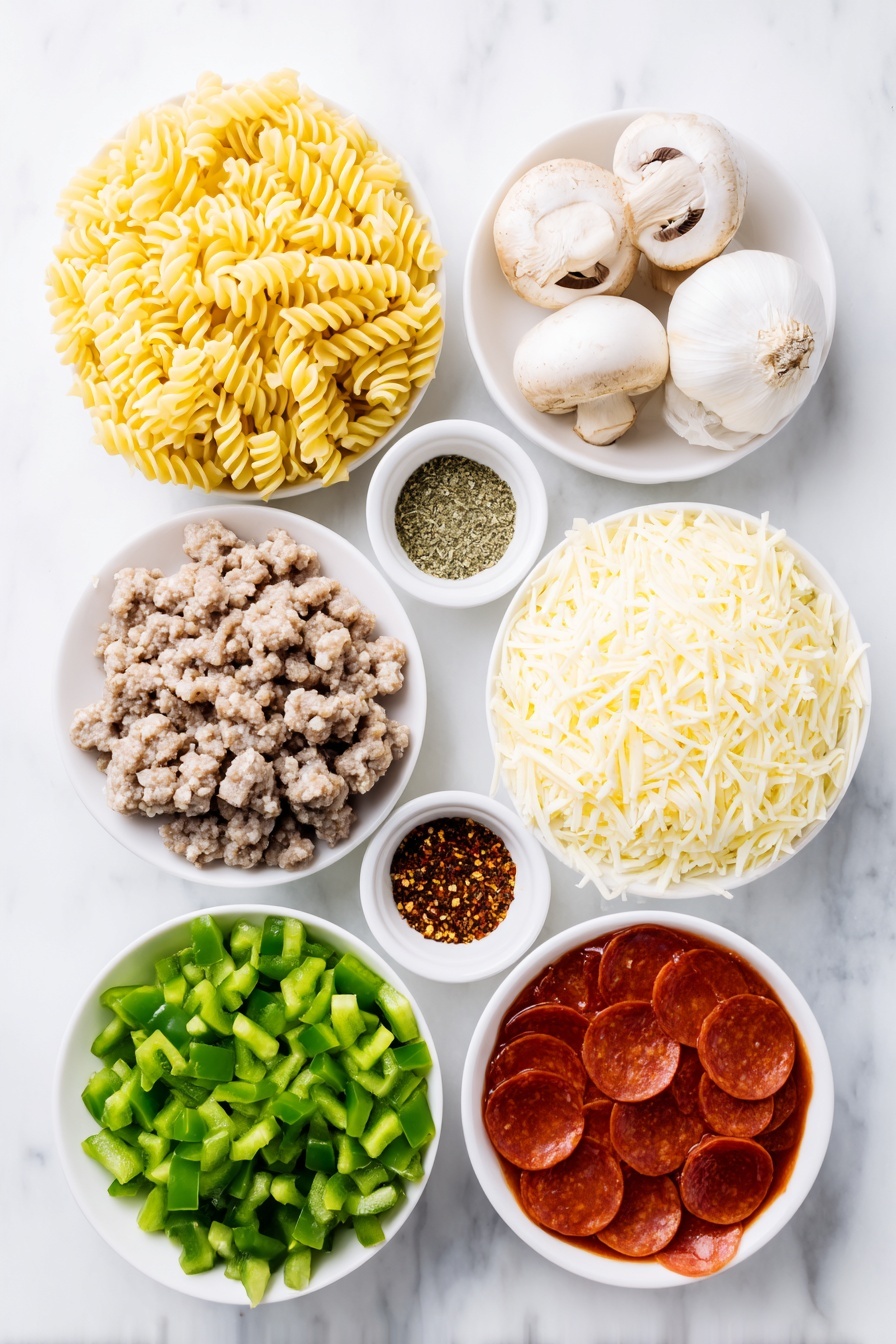 Flat lay of fusilli pasta twists, a small pile of bulk Italian sausage, a medium diced onion, three whole garlic cloves, a diced green bell pepper, quartered cremini mushrooms, a small white bowl of kosher salt, a small white bowl of red pepper flakes, small white bowls with dried basil and dried oregano, three small white bowls filled with strained tomato sauce, a mound of shredded mozzarella cheese, and sliced pepperoni arranged neatly on simple white ceramic bowls and plates, placed on a clean white marble surface, soft natural light, photo taken with an iPhone, professional food photography style, fresh ingredients, white ceramic bowls, no bottles, no duplicates, no utensils, no packaging --ar 2:3 --v 7 --p m7354615311229779997