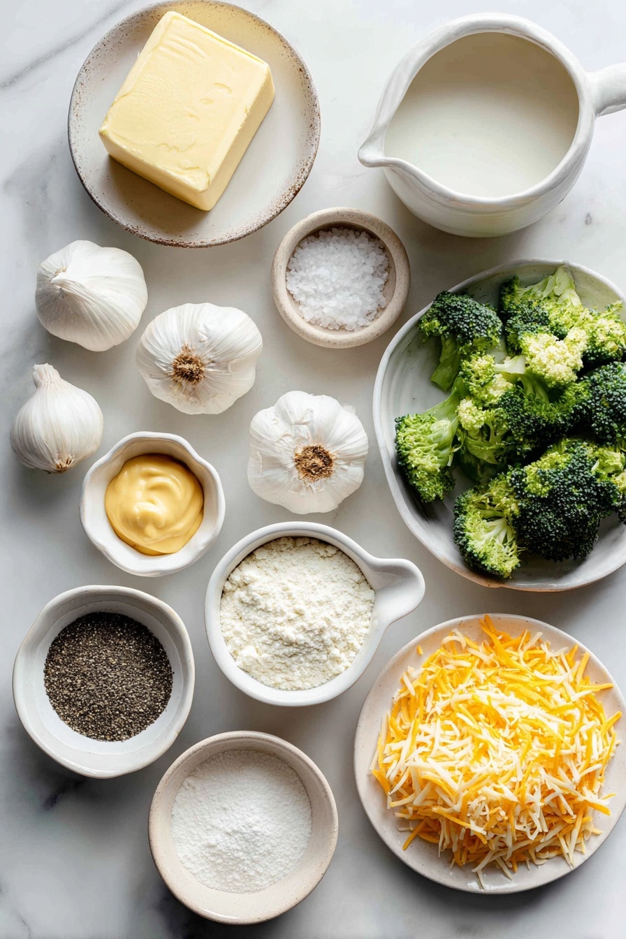 Flat lay of a small white ceramic bowl of unsalted butter, a medium yellow onion chopped on a white ceramic plate, a small white ceramic bowl of sea salt, a small white ceramic bowl of freshly ground black pepper, three whole uncracked garlic cloves, a small white ceramic bowl of all-purpose flour, a small white ceramic bowl of whole milk, a small white ceramic bowl of vegetable broth, a white ceramic plate with chopped fresh broccoli florets, a white ceramic plate with a large julienned carrot, a small white ceramic bowl of Dijon mustard, a white ceramic plate piled with shredded sharp cheddar cheese, placed on a clean white marble surface, soft natural light, photo taken with an iPhone, professional food photography style, fresh ingredients, white ceramic bowls, no bottles, no duplicates, no utensils, no packaging --ar 2:3 --v 7 --p m7354615311229779997