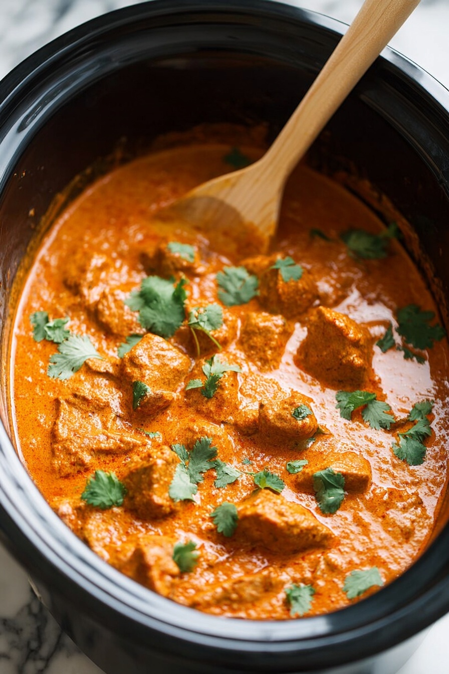 A black slow cooker is filled with thick orange curry sauce that has a creamy texture and visible spices. Inside the sauce are several pieces of tender meat covered in the sauce, placed throughout the cooker. Fresh green cilantro leaves are scattered on top, adding a bright contrast to the orange sauce. A wooden spoon with smooth texture is resting on the edge of the cooker, partially submerged in the curry. The background surface is white with a marbled pattern. photo taken with an iphone --ar 2:3 --v 7