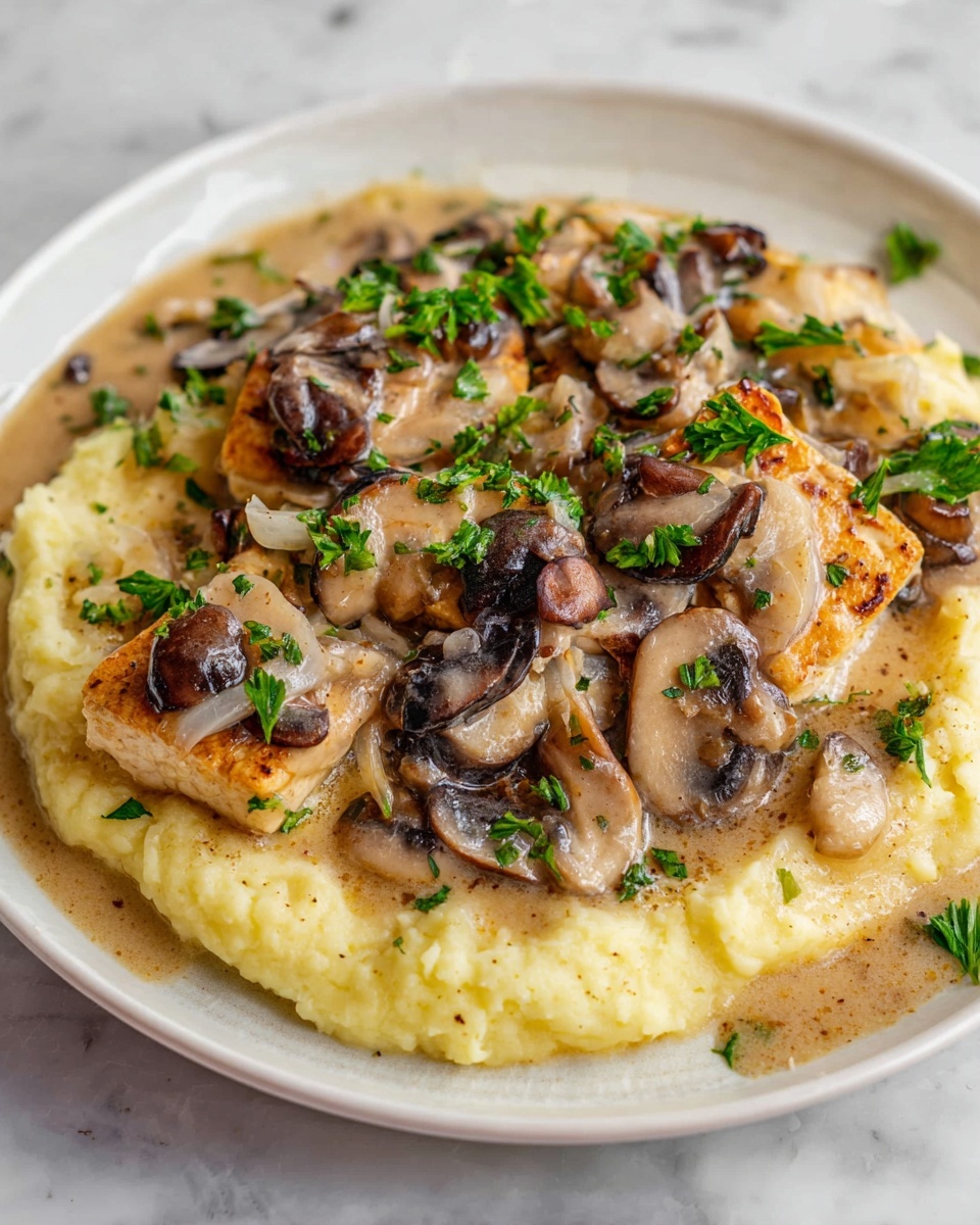 Creamy Sherry Tofu - A white plate holds a creamy, light yellow layer of mashed potatoes spread in a circle. On top of this is a golden-brown cooked patty, covered with a thick sauce mixed with light brown, cooked onion pieces. Several slices of cooked mushrooms, tan with dark edges, are layered on top of the sauce. Small green herb leaves are scattered on and around the food, adding a fresh touch. The background is a white marbled surface. photo taken with an iphone --ar 2:3 --v 7