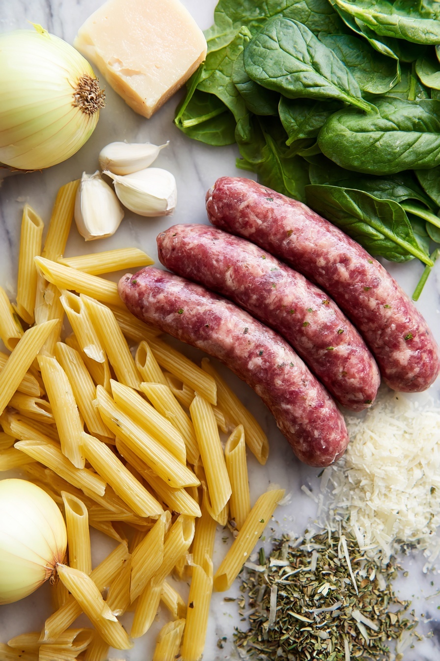 Creamy Sausage Pasta - Flat lay of fresh Italian ground sausage with a rich marbled texture, uncooked penne pasta in a pale golden hue, a small mound of bright green baby spinach leaves with delicate veins, a bunch of plump garlic cloves with papery white skins, half a yellow onion finely minced showing its pale yellow layers, a generous pile of grated Parmesan cheese in fine snowy white flakes, and a small heap of dried Italian seasoning herbs in mixed green and brown tones, all carefully spread out and naturally overlapping, placed on white marbled surface, photo taken with an iphone --ar 2:3 --v 7