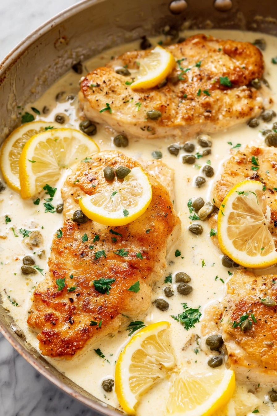 lemon chicken - The image shows a close-up of golden brown cooked pieces of meat with a crispy texture on the top, partially covered in a creamy white sauce with visible green herbs and small dark green capers scattered around. Lemon slices with bright yellow skin and pale yellow flesh are placed around the dish, adding a fresh touch. The sauce has a smooth texture and is thick enough to coat the meat and pool slightly around it. There are small bits of green herbs sprinkled on the surface, enhancing the visual contrast. The scene is set on a white marbled textured surface. Photo taken with an iphone --ar 2:3 --v 7