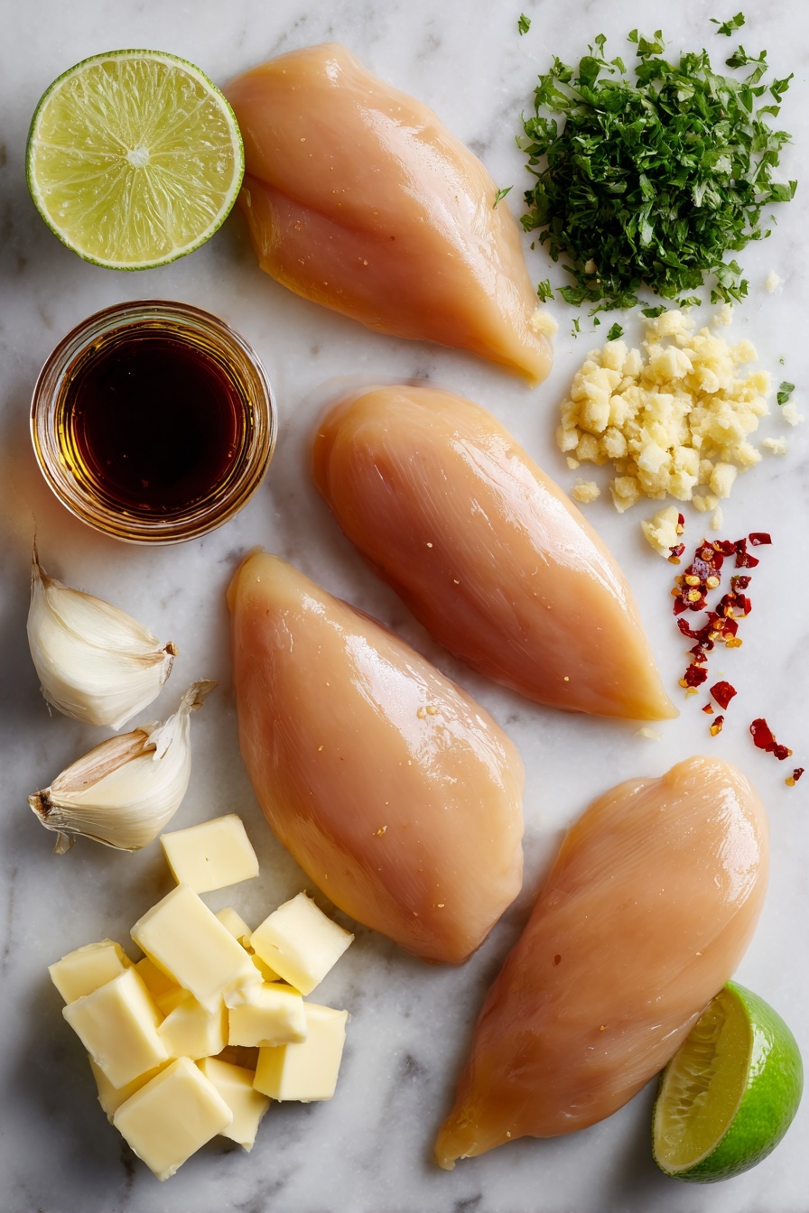 Honey Garlic Chicken - Flat lay of four raw boneless, skinless chicken breasts with smooth pale pink skin, several cloves of fresh garlic showing their papery white skin and creamy interiors, a small jar of golden honey glistening under the light, bright green fresh parsley leaves with delicate textures, a clear glass bottle of amber soy sauce reflecting light, a halved lemon with vibrant yellow flesh and juicy texture, and a small mound of fine, white all-purpose flour scattered lightly, arranged naturally with some herbs overlapping the chicken pieces, placed on white marbled surface, photo taken with an iphone --ar 2:3 --v 7