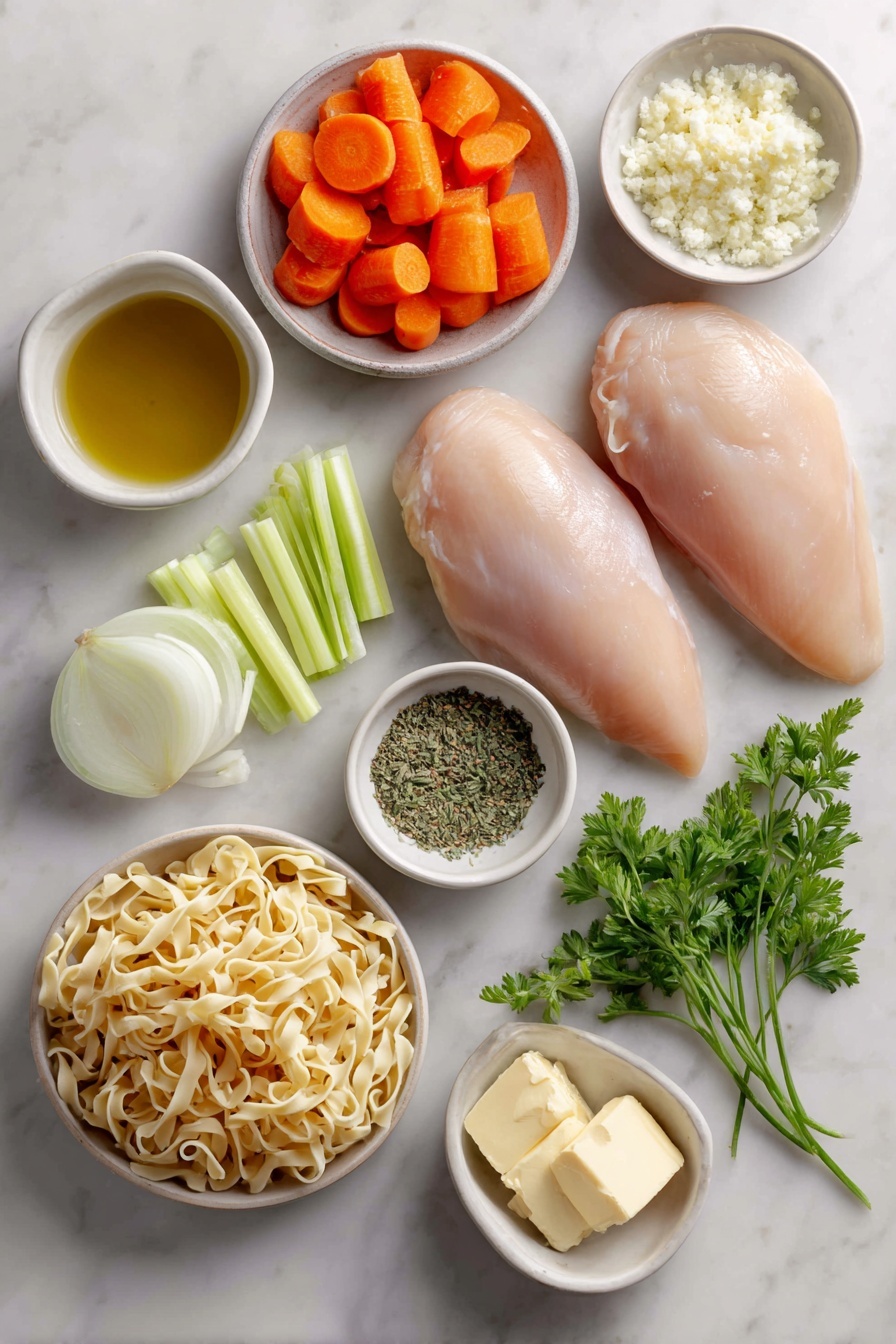 Flat lay of two boneless skinless chicken breasts, a small pile of sliced three medium carrots, four medium celery ribs sliced, one diced medium white onion, a small bowl of minced garlic, a small bowl of grated fresh ginger, a pat of salted butter, a small dish of olive oil, a bunch of fresh parsley, a handful of dried egg noodles, and a small bowl of mixed dried thyme and oregano, placed on a white marble surface, photo taken with an iphone --ar 2:3 --v 7
