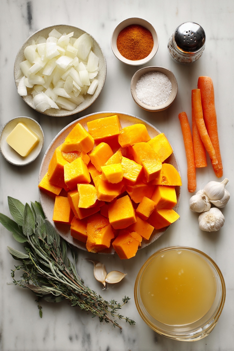 Flat lay of a large peeled and cut butternut squash with chunky orange pieces, a large diced yellow onion, two peeled and diced medium carrots, four whole garlic cloves, a small bunch of fresh sage and thyme sprigs, a small bowl of golden melted butter, a clear glass container of light vegetable broth, a small dish with smoked paprika, a small bowl of coarse kosher salt, a pepper grinder with freshly ground black pepper, and a drizzle of creamy white heavy cream, all placed on a white marble surface, photo taken with an iphone --ar 2:3 --v 7