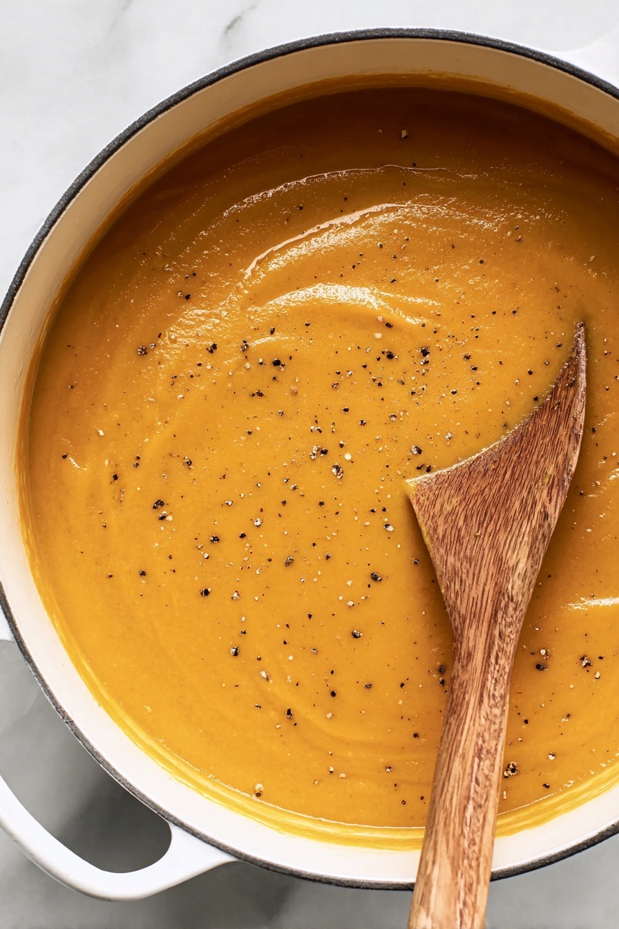 A close-up view of a white pot filled with smooth, thick orange soup that has a creamy texture. The soup surface is sprinkled with small black pepper specks, and a wooden spoon is partially submerged, resting on the right side, slightly lifting some soup. The background is a white marbled surface. photo taken with an iphone --ar 2:3 --v 7