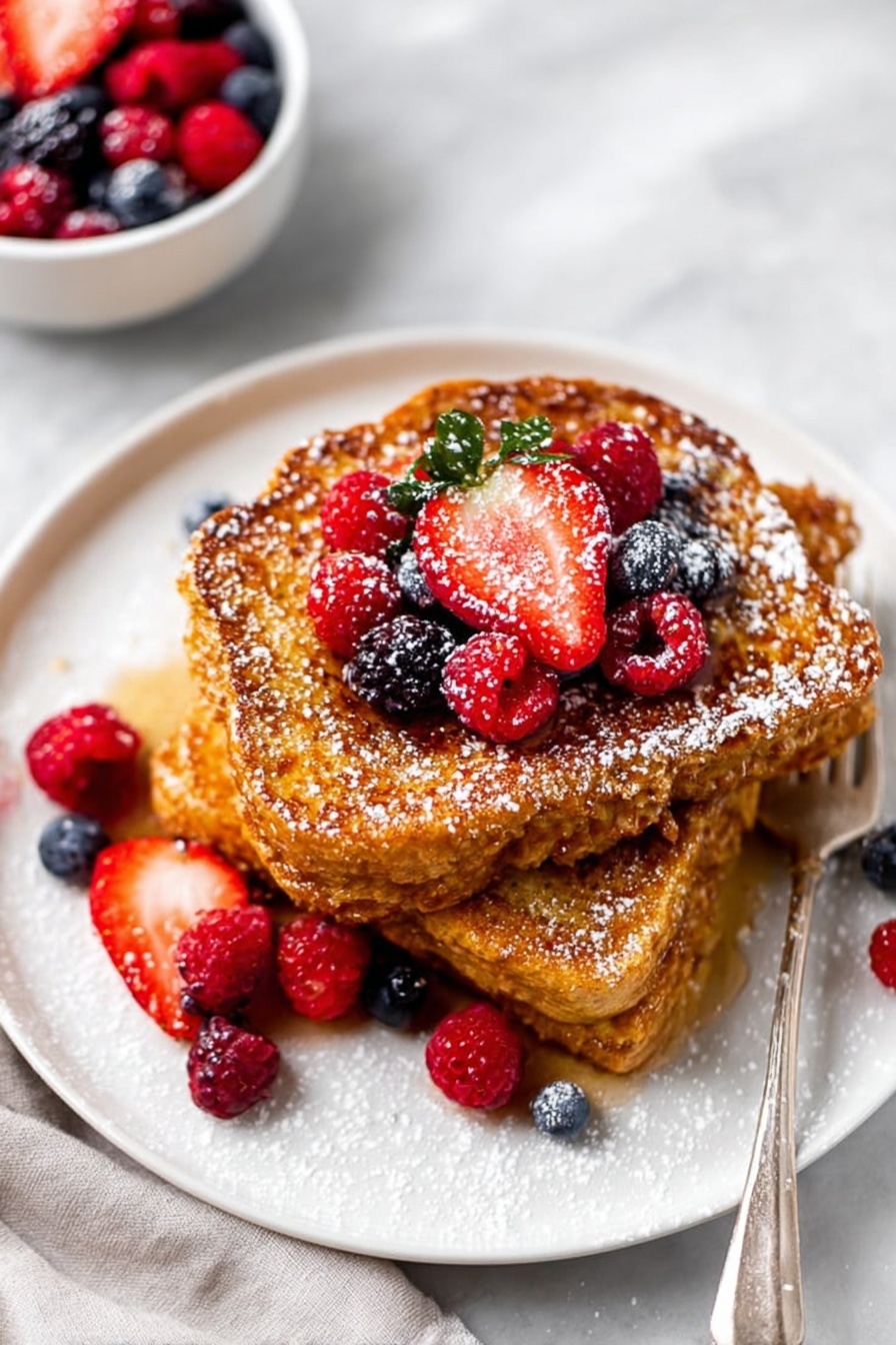 There are two thick pieces of golden brown French toast stacked on a white plate with a textured, crunchy crust on the outside. On top of the stack, there are fresh red strawberries, bright blue blueberries, and red raspberries, all dusted lightly with white powdered sugar. Some berries spill onto the plate around the toast. A white pitcher is pouring amber-colored syrup over the fruit and toast from the top right. A silver fork lies to the right of the plate, and the plate sits on a white marbled surface with a black and white checkered cloth underneath. Photo taken with an iphone --ar 2:3 --v 7