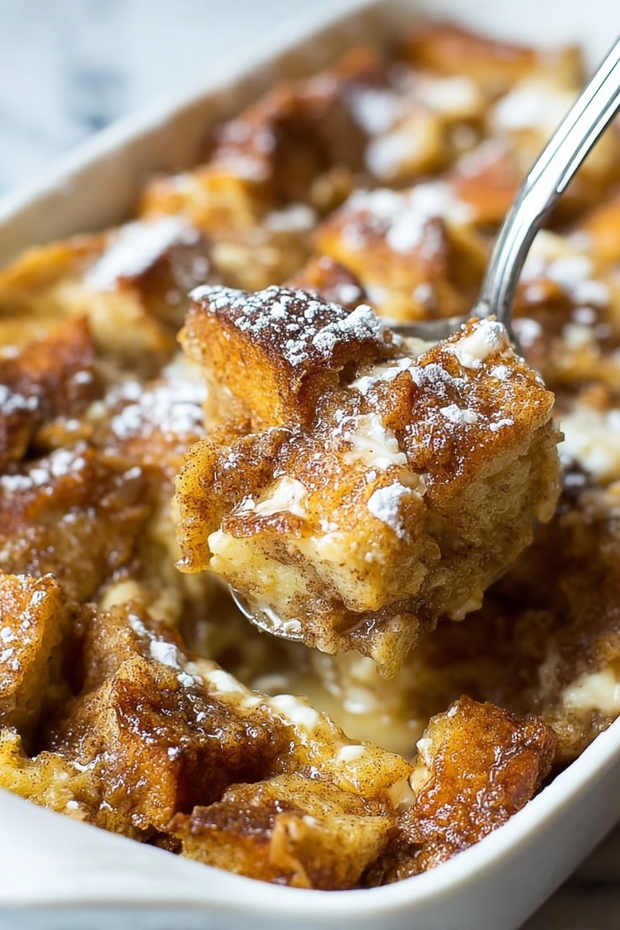 A white plate with a detailed lace-like edge holds a serving of golden brown bread pudding made of several irregular chunks of soft bread soaked in cinnamon and sugar. A light drizzle of amber syrup is being poured over the center of the bread pudding, catching the light and adding shine. In the background, a few bright red strawberries add a pop of color, with a silver fork resting on the right side of the plate. The plate sits on a white marbled surface. photo taken with an iphone --ar 2:3 --v 7
