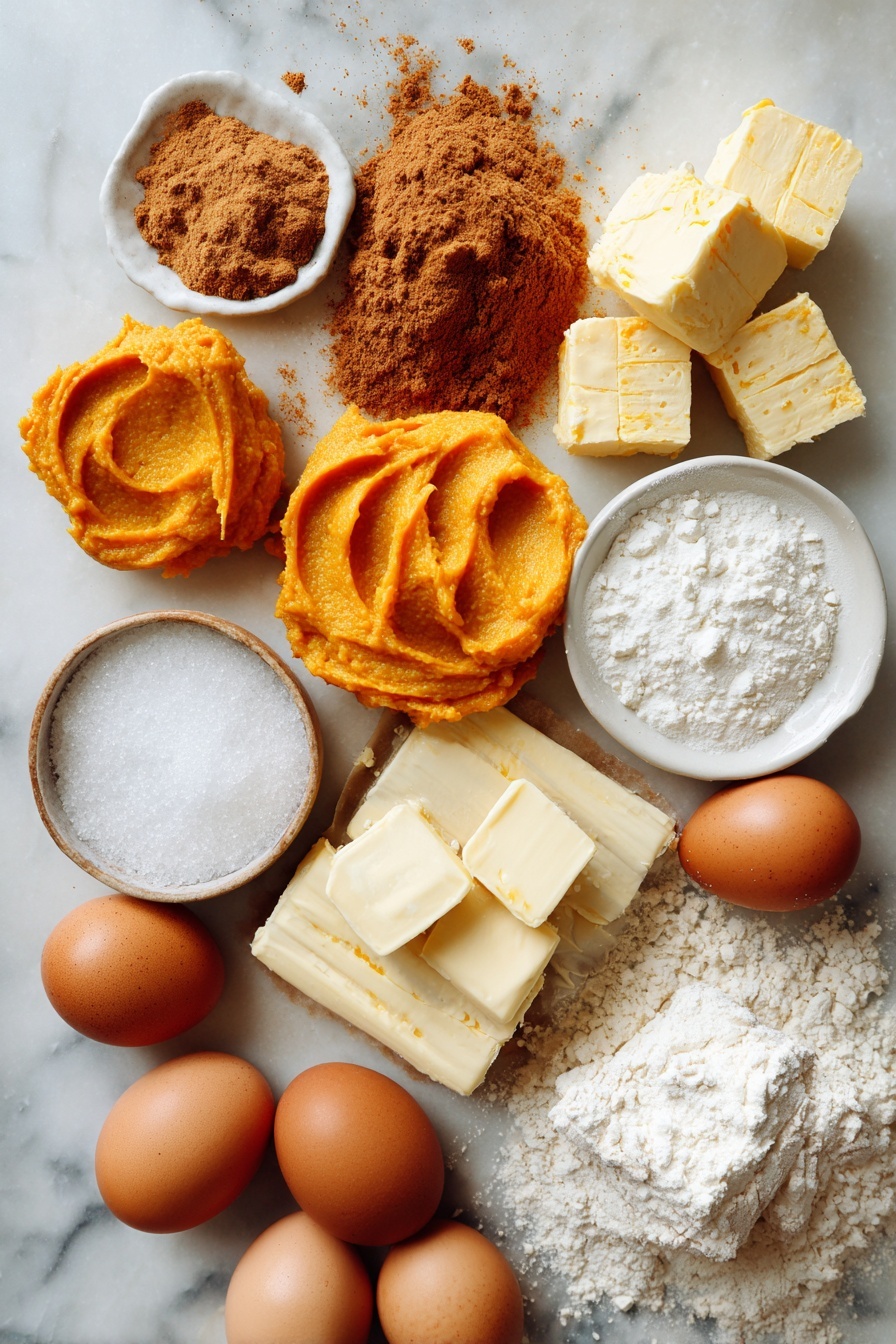Flat lay of vibrant orange pumpkin puree dollops, a small heap of warm brown pumpkin pie spice, smooth cream cheese blocks, soft golden butter chunks, bright white powdered sugar piles, a cluster of shiny brown eggs, and a scattering of granulated sugar crystals, all beautifully arranged on a white marble surface, photo taken with an iphone --ar 2:3 --v 7
