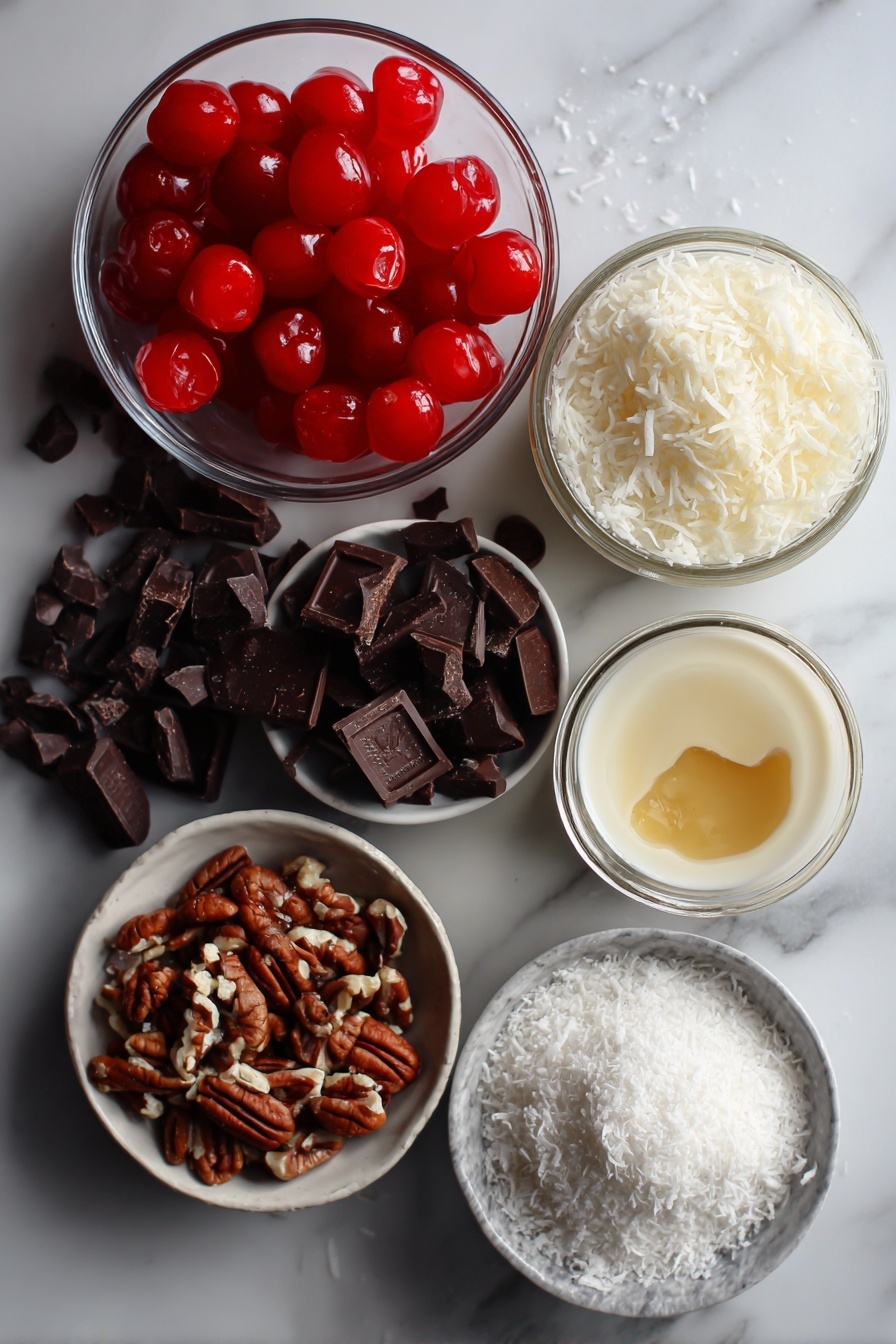 Flat lay of bright red chopped maraschino cherries, glossy dark chocolate melting wafers, rich golden melted butter, creamy white sweetened condensed milk in a small glass jar, fluffy sweetened shredded coconut, finely powdered white sugar, and coarsely chopped pecans, all beautifully arranged with contrast and texture placed on a white marble surface, photo taken with an iphone --ar 2:3 --v 7