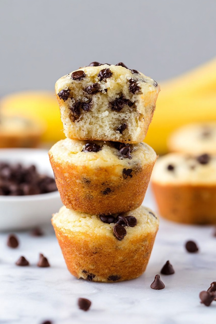 There is a stack of three mini muffins placed on a white marbled surface, each muffin is light brown on the bottom and pale yellow on the top with dark chocolate chips spread all around. The top muffin is open-faced, showing a soft and moist inside with chocolate chips inside and on the surface. In the background, there is a blurred white bowl with dark chocolate chips and a hint of a yellow banana, along with more muffins scattered on the surface. The photo taken with an iphone --ar 2:3 --v 7