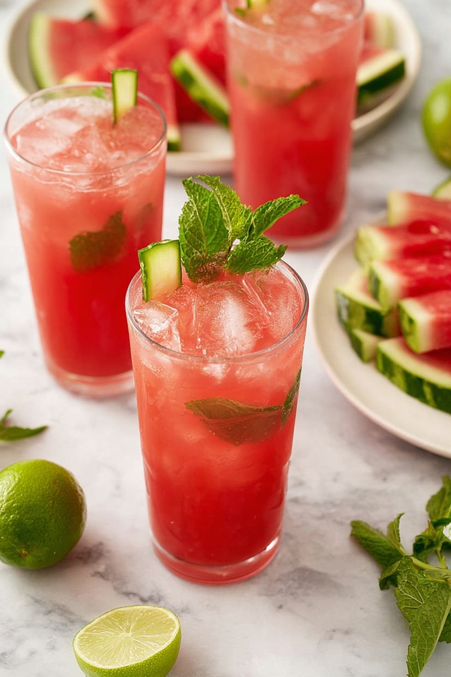 The image shows three clear glasses filled with a pinkish-red drink, each glass containing ice cubes and a thin green slice of lime near the top. The front glass has two thin cucumber sticks and a fresh green mint leaf garnish placed on top. In the background, there are large white plates holding several red watermelon slices with green rinds and whole green limes. Small sprigs of fresh mint leaves are scattered on the white marbled surface. The scene looks fresh and bright with a summer vibe, photo taken with an iphone --ar 2:3 --v 7
