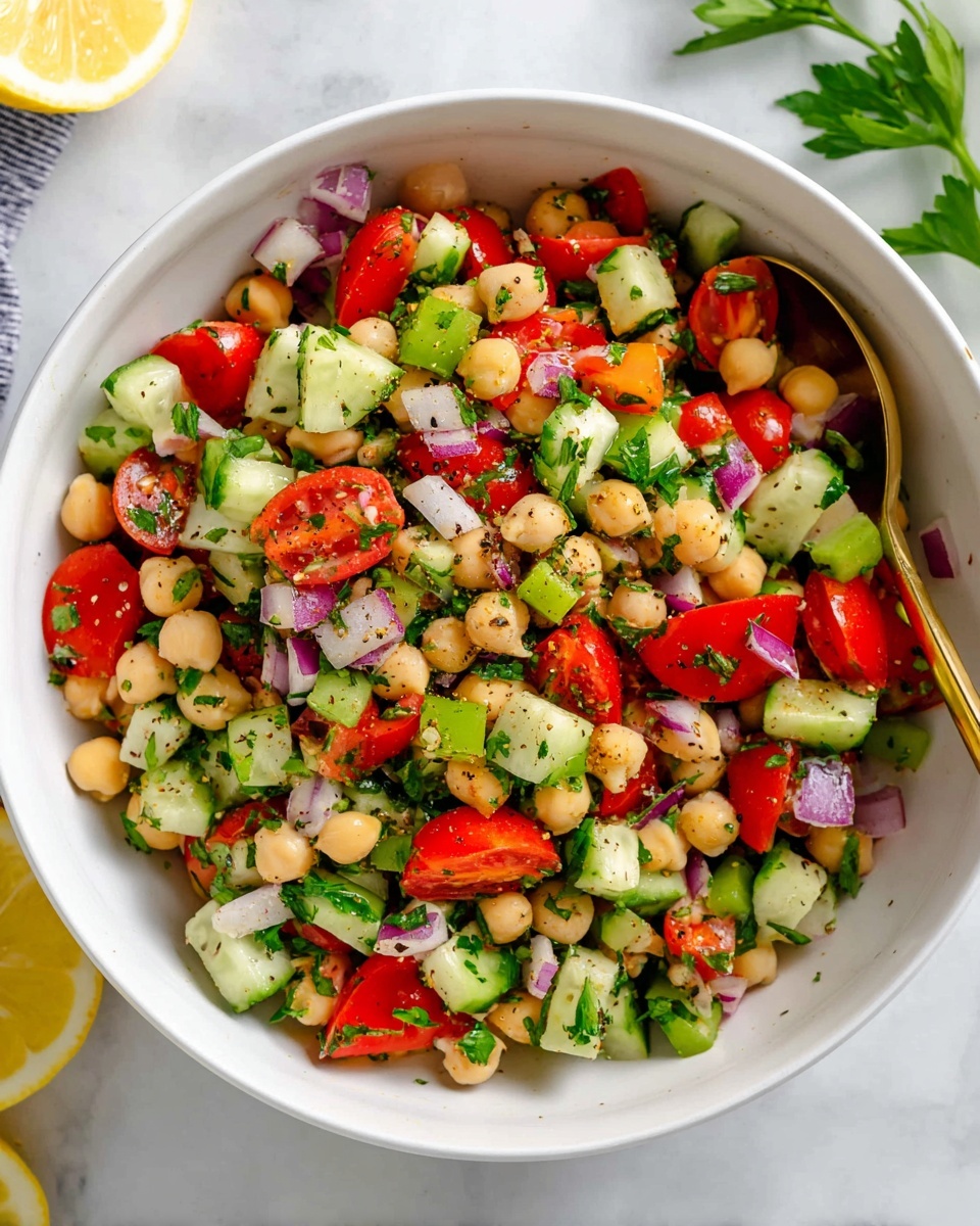 The image shows a fresh chickpea salad with many layers of small, round, pale yellow chickpeas mixed with bright red cherry tomato halves, light green cucumber chunks, and cubed green bell peppers. There are also pieces of white and purple onion scattered throughout. The salad is sprinkled with tiny green parsley bits and black pepper, giving a fresh and colorful look with a mix of smooth and slightly rough textures, all on a white marbled surface. photo taken with an iphone --ar 2:3 --v 7