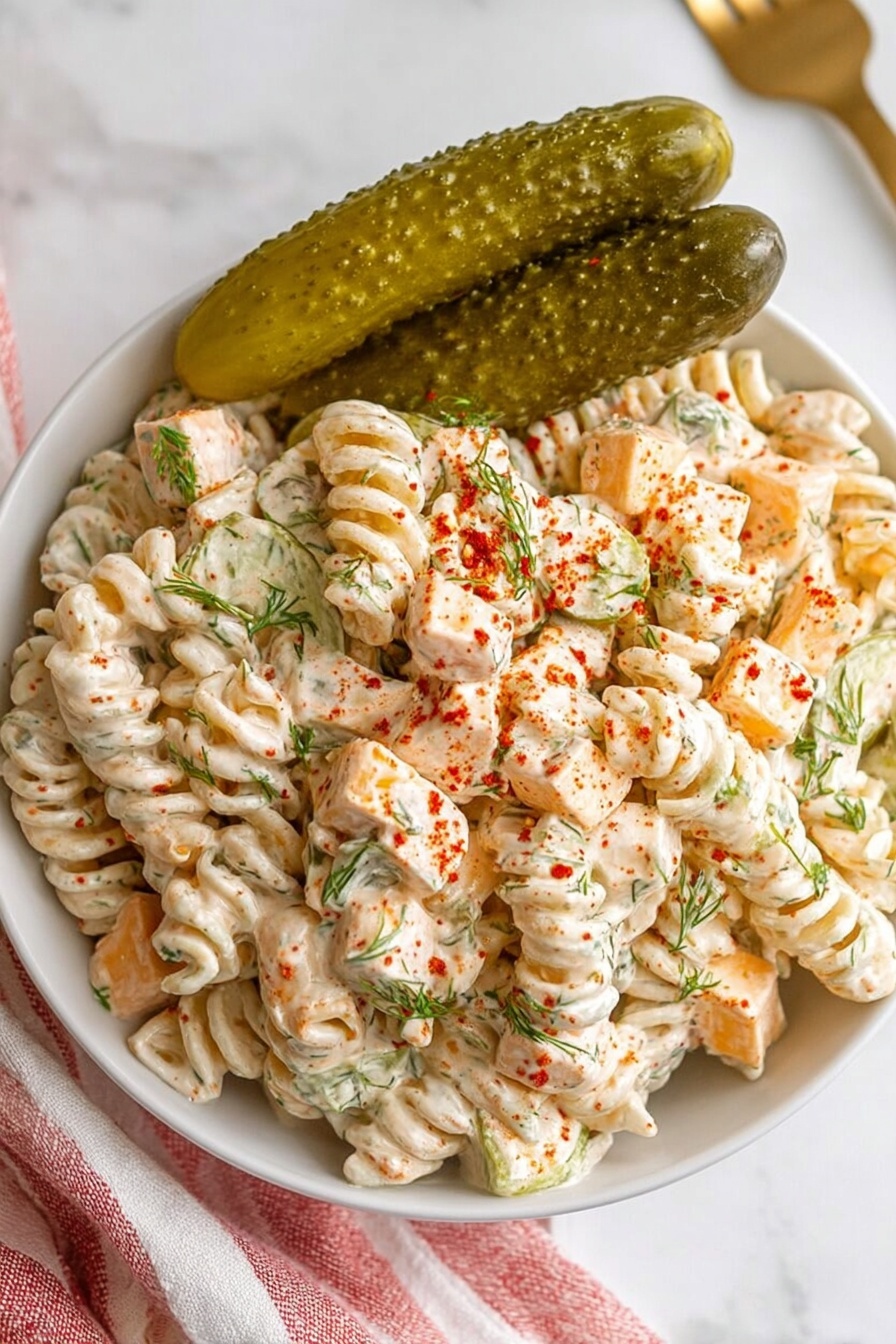 A white bowl filled with a creamy pasta salad, showing three visible layers: creamy white dressing coating light beige spiral pasta, orange cubes of cheddar cheese evenly scattered, and thin slices of green pickles mixed throughout, all garnished with small sprigs of fresh dill and a light sprinkle of paprika. A pink spoon scoops some of the salad, lifting pasta, cheese, and pickles together, all set on a white marbled surface. Photo taken with an iphone --ar 2:3 --v 7