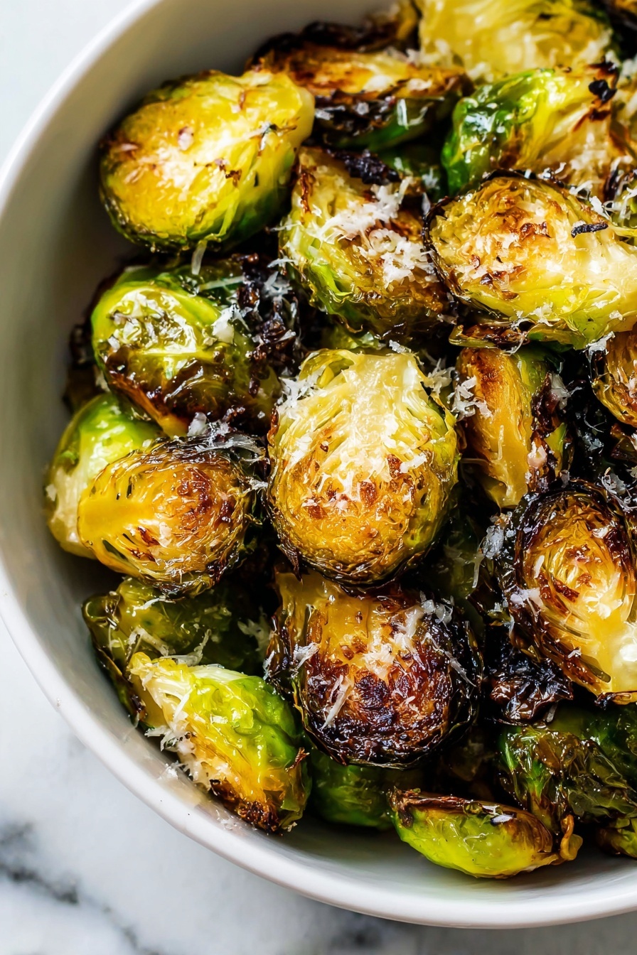 A close-up of a white bowl filled with roasted Brussels sprouts, cut in half showing a yellow-green inside with crispy browned edges, and some outer leaves with dark char marks. The Brussels sprouts are sprinkled with grated light-colored cheese, adding a fine textured topping. The bowl sits on a white marbled surface. Photo taken with an iphone --ar 2:3 --v 7