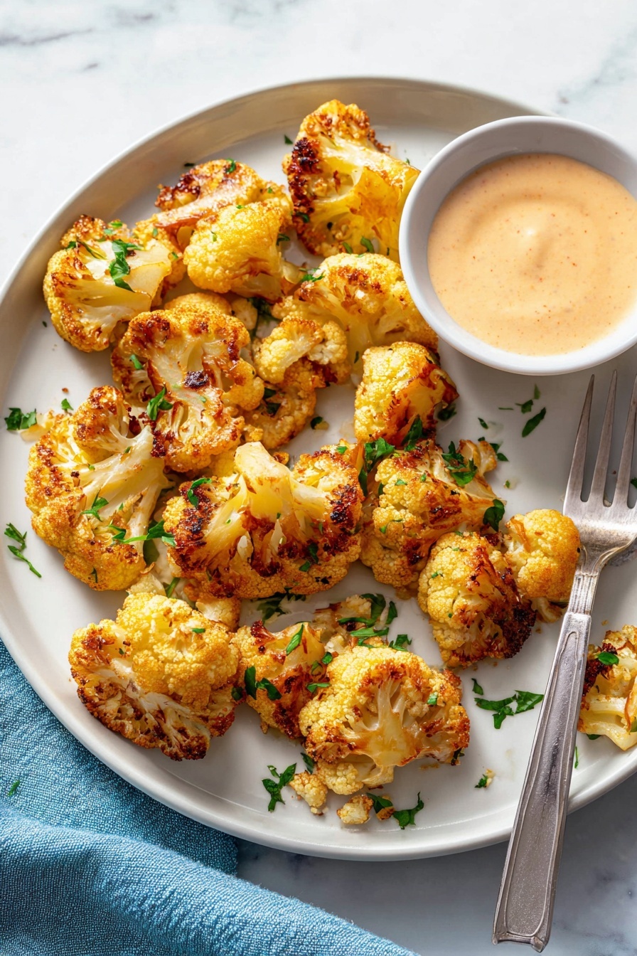 A white plate holds many pieces of golden roasted cauliflower, each piece showing a crispy, slightly browned surface with small green herb sprinkles on top. On the right side of the plate is a small white bowl filled with creamy orange dipping sauce. A woman's hand is seen dipping a piece of the cauliflower into the sauce. A silver fork rests on the edge of the plate, and the background is a white marbled texture. photo taken with an iphone --ar 2:3 --v 7