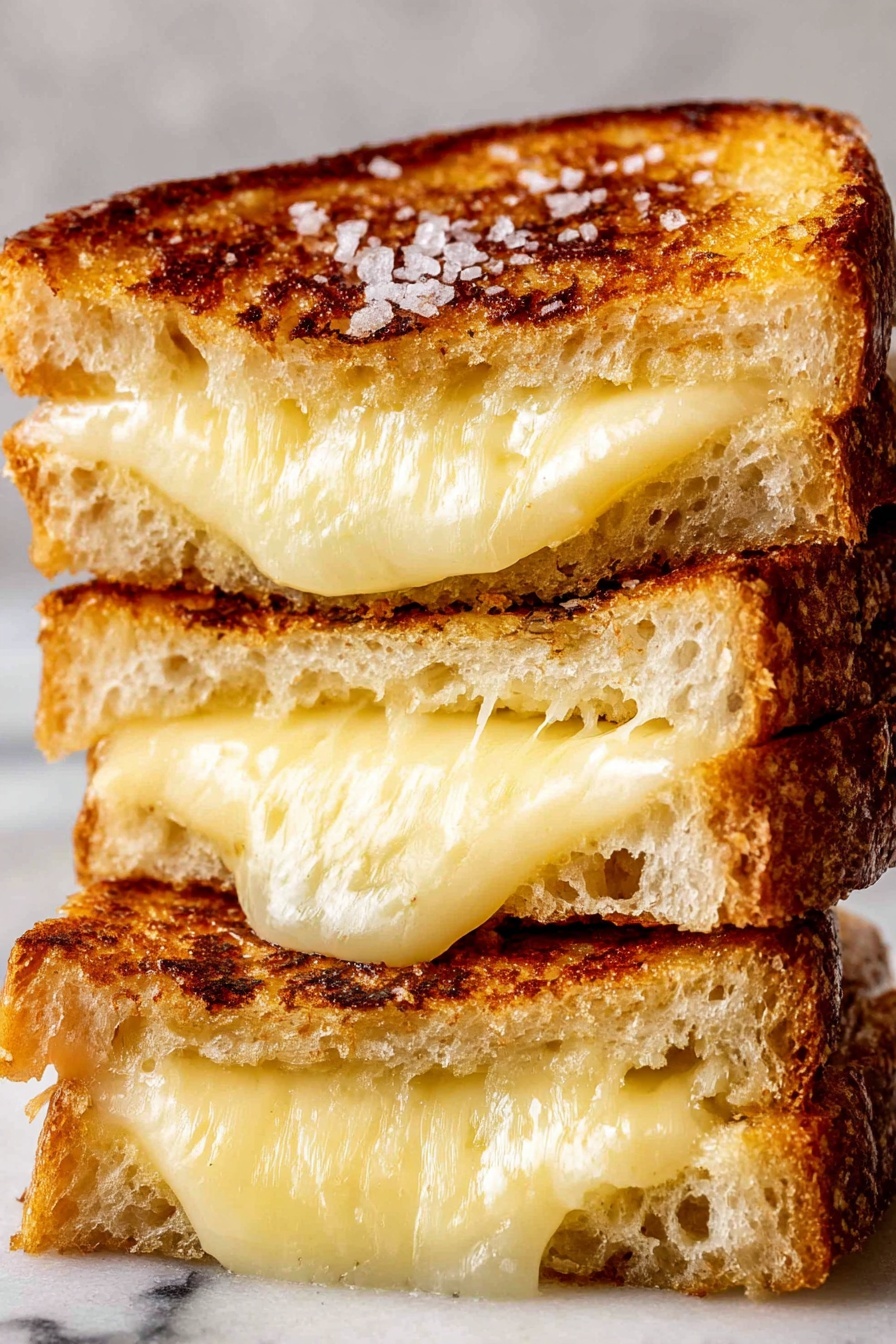 A close-up view of a stack of three grilled cheese sandwiches on a white marbled surface, each sandwich showing one layer of melted pale yellow cheese between two slices of golden brown toasted bread with a crisp texture. The top sandwich has a light sprinkle of coarse salt on the browned surface. The melted cheese appears creamy and slightly stretchy, oozing gently from between the bread slices, highlighting the soft, airy crumb of the bread itself. The sandwiches are stacked unevenly, showcasing the rich texture and gooey filling inside. Photo taken with an iphone --ar 2:3 --v 7