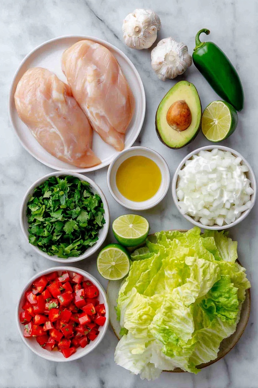Flat lay of fresh boneless skinless chicken breasts, two cloves of garlic with papery skins intact, a small white bowl of bright golden olive oil, a small white bowl filled with vibrant green loosely packed cilantro leaves, a ripe avocado cut into clean dice, a diced red tomato, a small white bowl of creamy white Greek yogurt, a whole jalapeno pepper with smooth dark green skin, two lime halves showing juicy flesh, a few crisp Romaine lettuce leaves, and a small pile of finely diced white onion, all arranged symmetrically on simple white ceramic bowls and plates, placed on a clean white marble surface, soft natural light, photo taken with an iPhone, professional food photography style, fresh ingredients, white ceramic bowls, no bottles, no duplicates, no utensils, no packaging --ar 2:3 --v 7 --p awthu7i m7354615311229779997