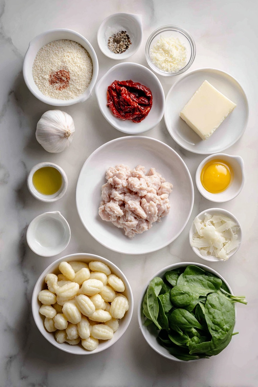 Flat lay of fresh ground chicken in a small mound, a small bowl of plain breadcrumbs, a small pile of grated Parmesan cheese, three whole uncracked garlic cloves, one whole brown egg, a few dried green Italian seasoning leaves, a small heap of onion powder, a pinch of coarse salt, a pinch of black pepper, a small white ceramic bowl filled with sun-dried tomato oil, half a fresh yellow onion diced into small pieces, a small white ceramic bowl of white cooking wine, two cups fresh baby spinach leaves, a small white ceramic bowl of heavy cream, a small pile of sun-dried tomatoes, a white ceramic bowl of chicken broth, 12 oz fresh gnocchi dumplings, all arranged symmetrically and naturally fresh on a simple white ceramic background, placed on a clean white marble surface, soft natural light, photo taken with an iPhone, professional food photography style, fresh ingredients, white ceramic bowls, no bottles, no duplicates, no utensils, no packaging --ar 2:3 --v 7 --p awthu7i m7354615311229779997