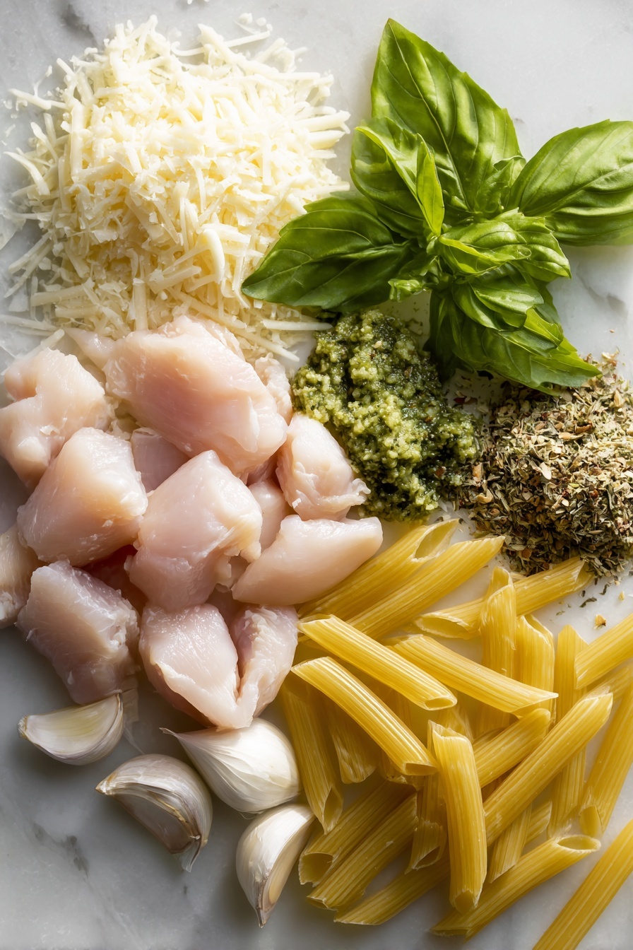 Creamy Pesto Chicken - Flat lay of fresh basil leaves with deep green color and delicate texture, bite-sized raw chicken breast pieces showing soft pink flesh, plump garlic cloves with smooth white skin, golden yellow butter cubes with creamy texture, a wedge of Parmesan cheese boasting a pale ivory hue and granular surface, bright green basil pesto with a slightly oily sheen, uncooked penne pasta in pale beige with smooth ridges, and a scattering of dried Italian seasoning herbs in mixed green and brown tones, all beautifully arranged in a natural flow with overlapping edges and small gaps between each ingredient, placed on white marbled surface, photo taken with an iphone --ar 2:3 --v 7